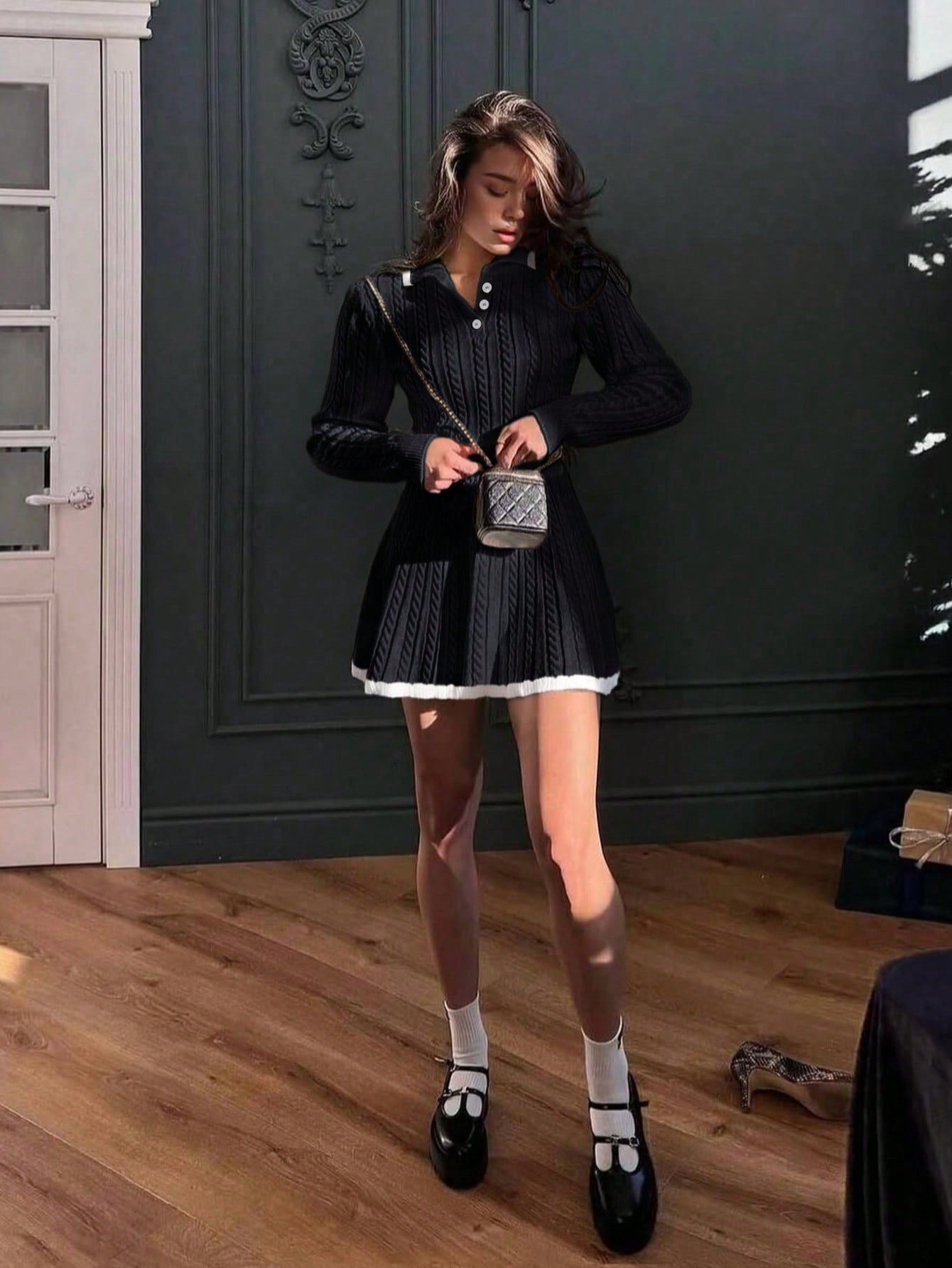 Women's Black Velvet Crop Top Skirt Two-Piece Set