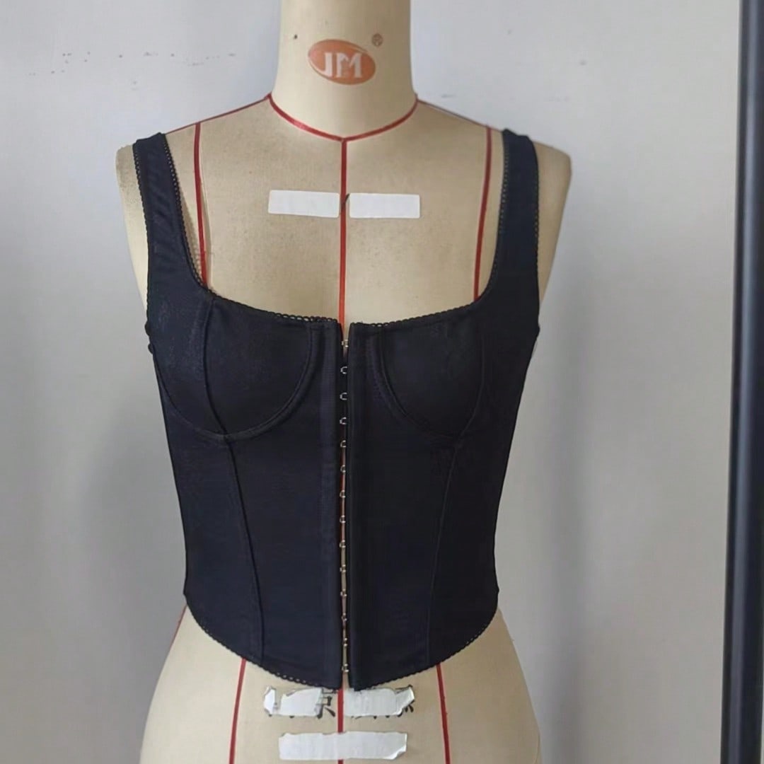 Black Square Neck Hook-Front Boned Bustier Corset Top