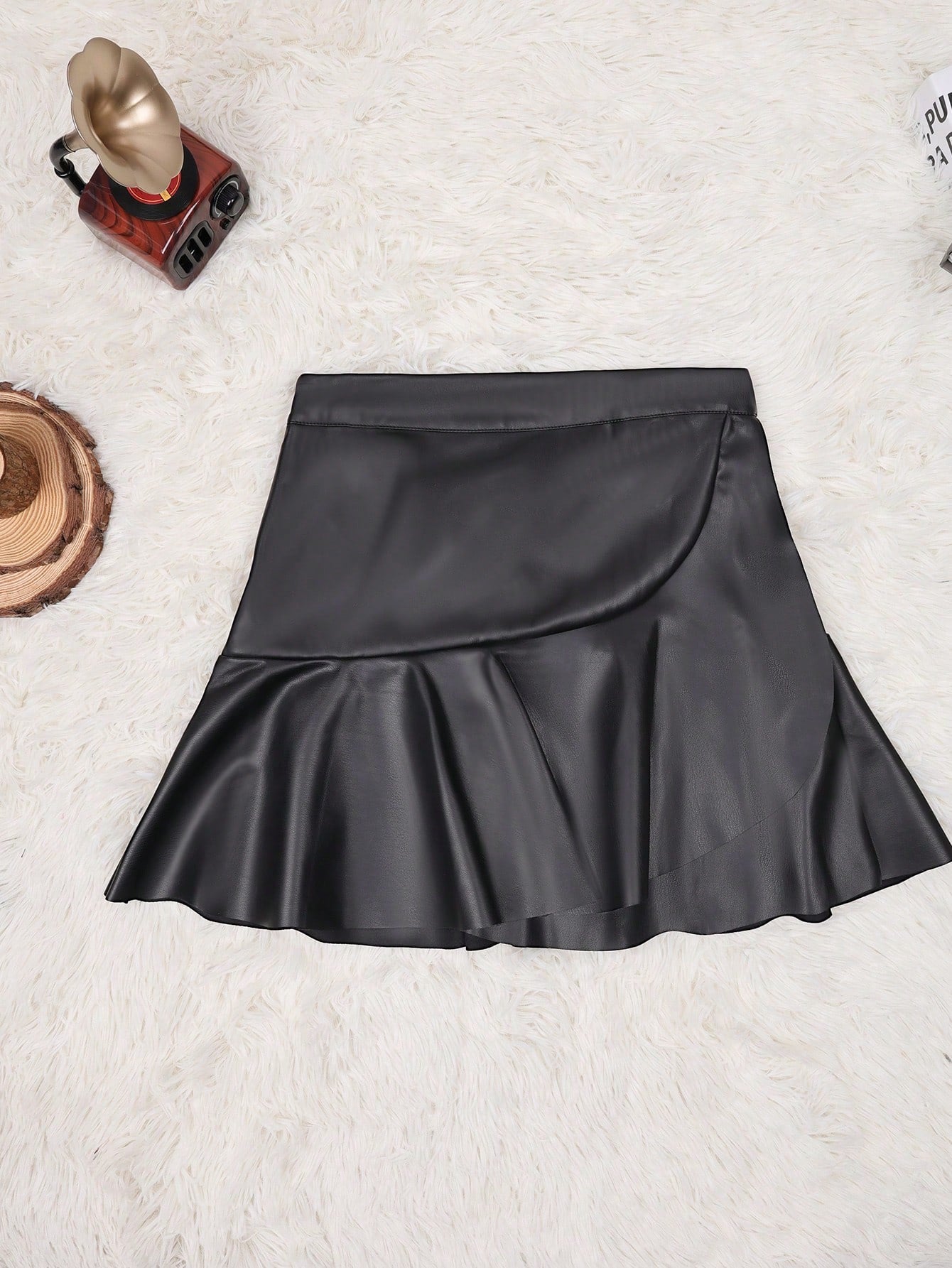 Women's Apperloth Women PU Leather Ruffle Hem Mini Skirt High Waist