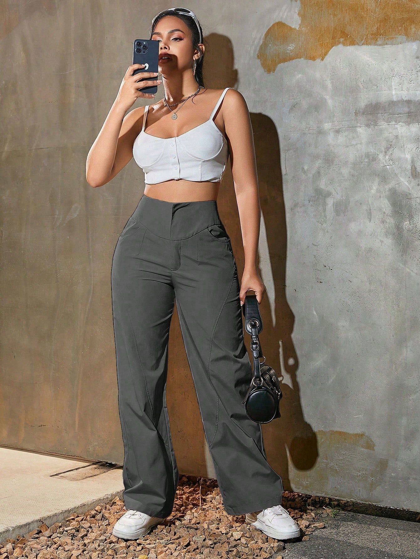Women's Gray Cotton Full-length cargo pants with cargo pockets