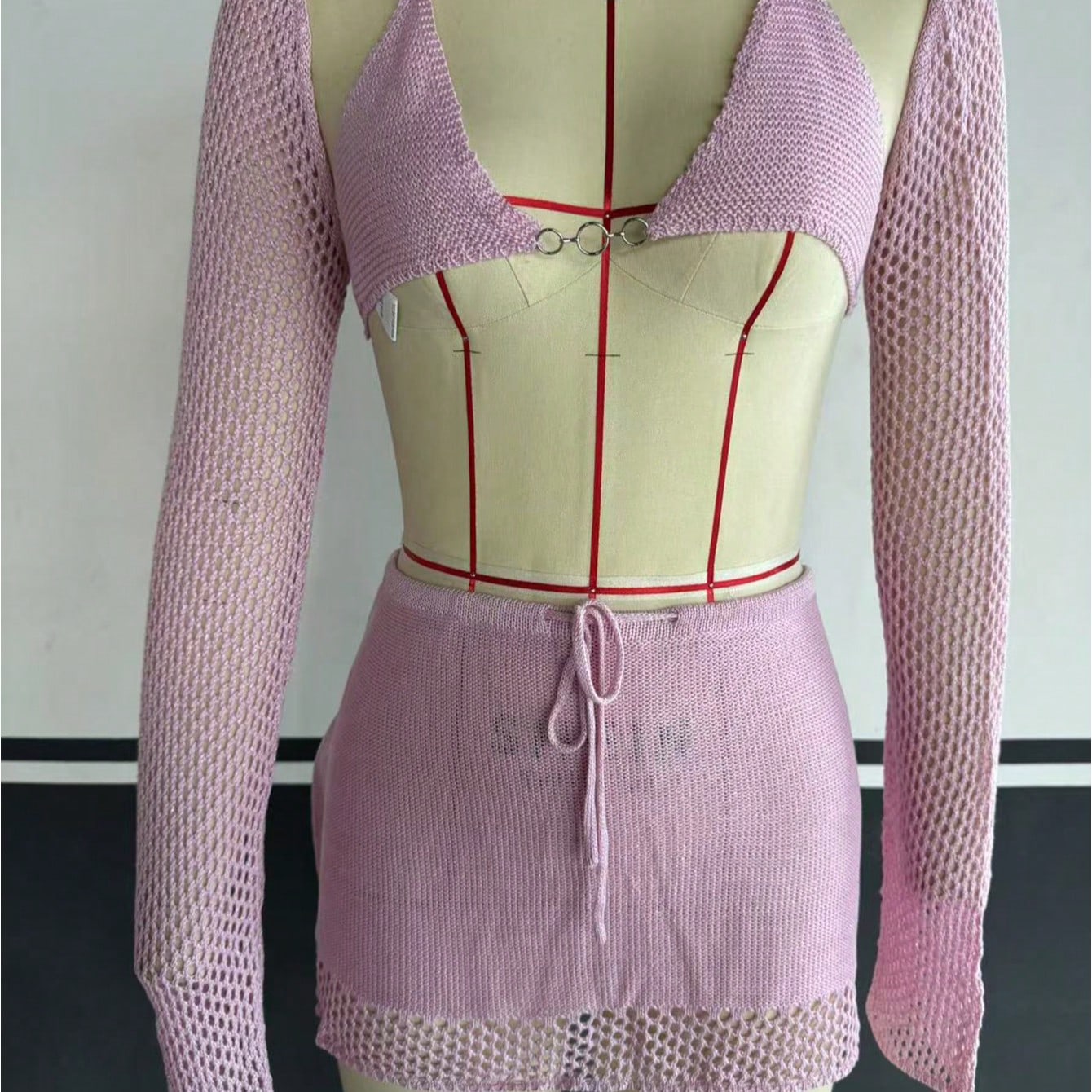 Women's Light Pink Knit Two-Piece Set with Crop Top and Mini Skirt