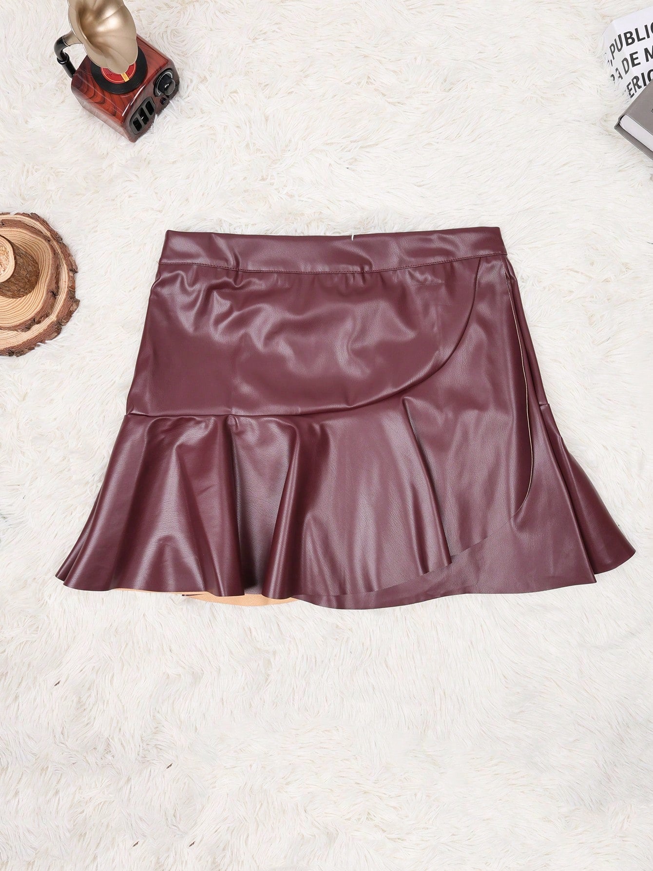 Women's Wine Red PU Leather Ruffled Mini Skirt High Waisted Skater Skirt