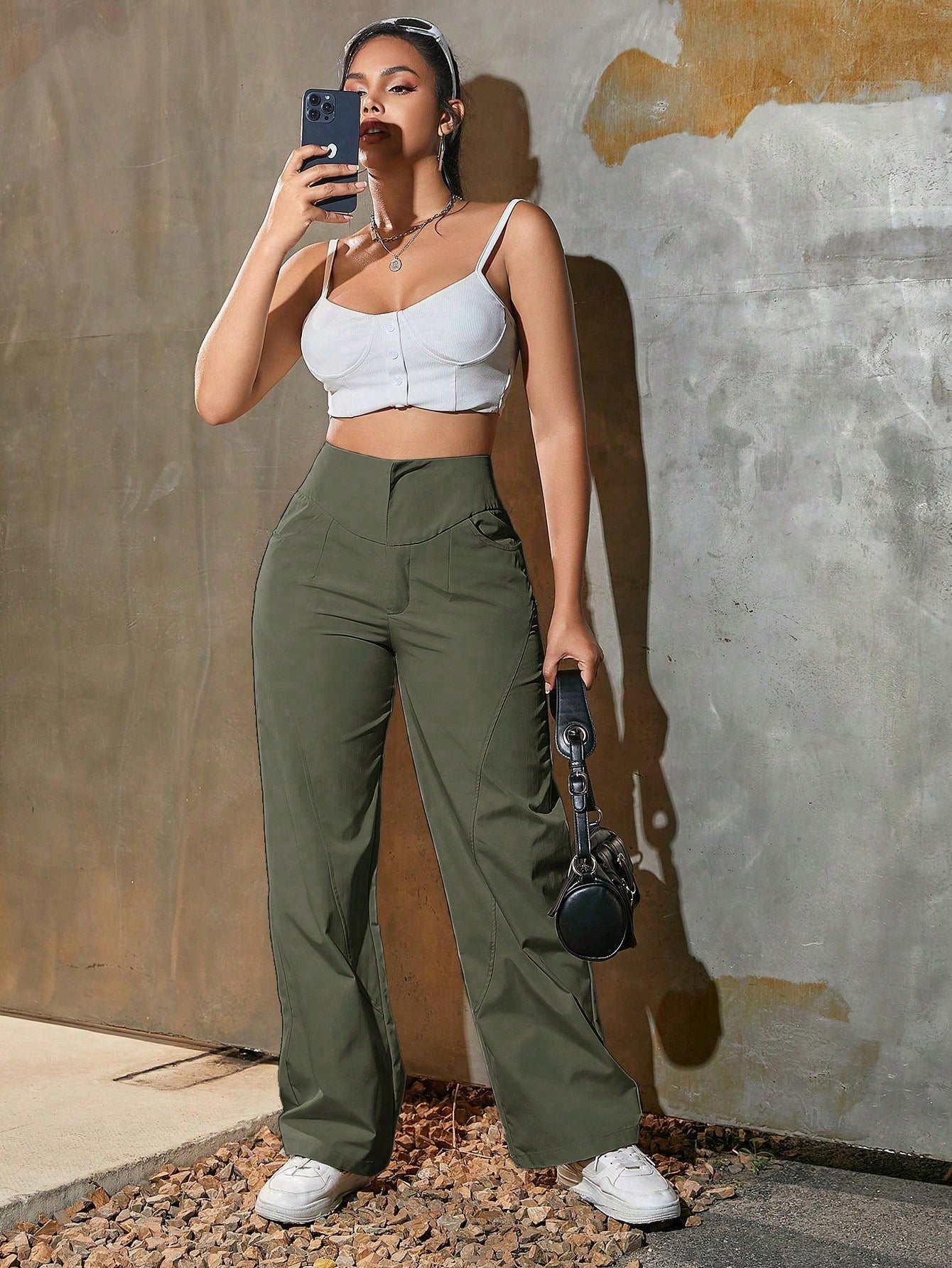 Women's High Waist Wide Leg Trousers Army Green Loose Fit Casual Wear