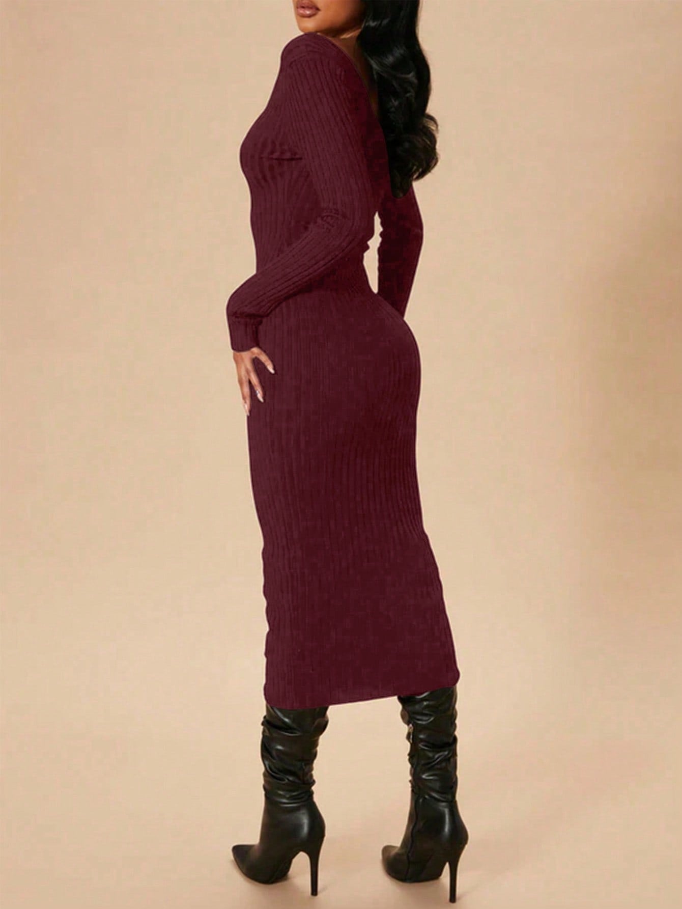 Women's Wine Red Ribbed Knit Midi bodycon dress with sleeveless