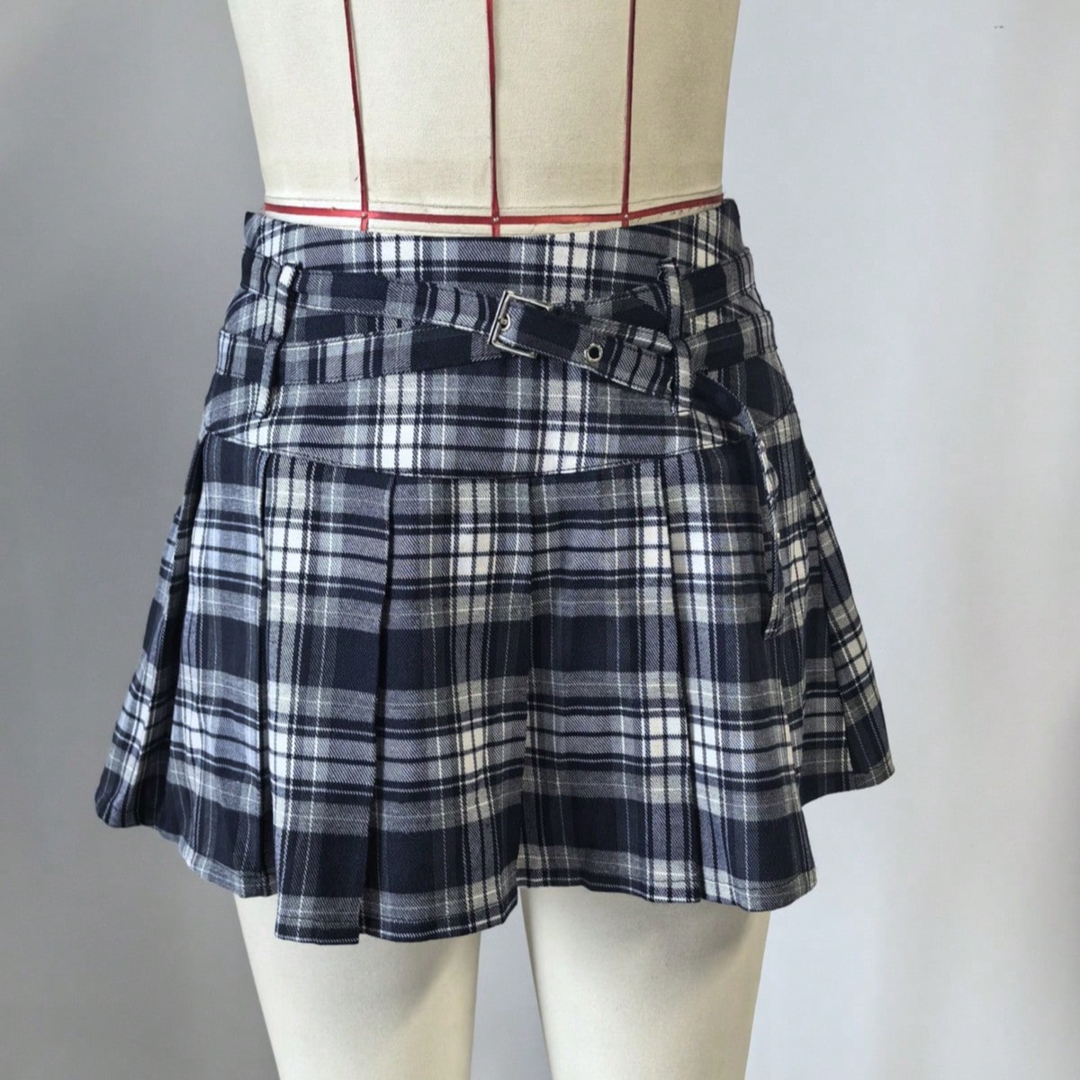 Women's Blue Grey Plaid High Waist Pleated Mini Skirt with Belt