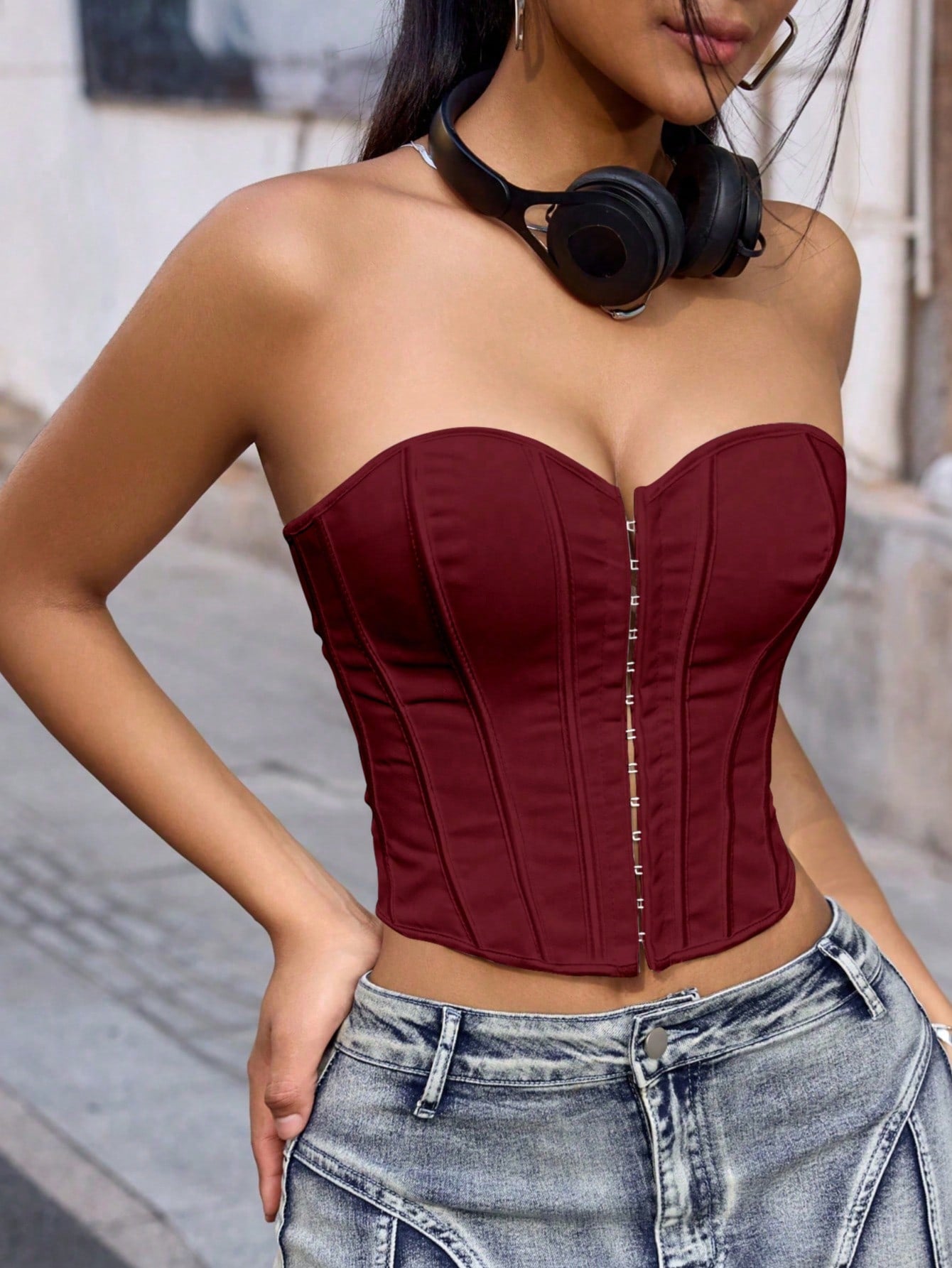 Women's Burgundy Satin Hook-Front Boned Corset Bustier