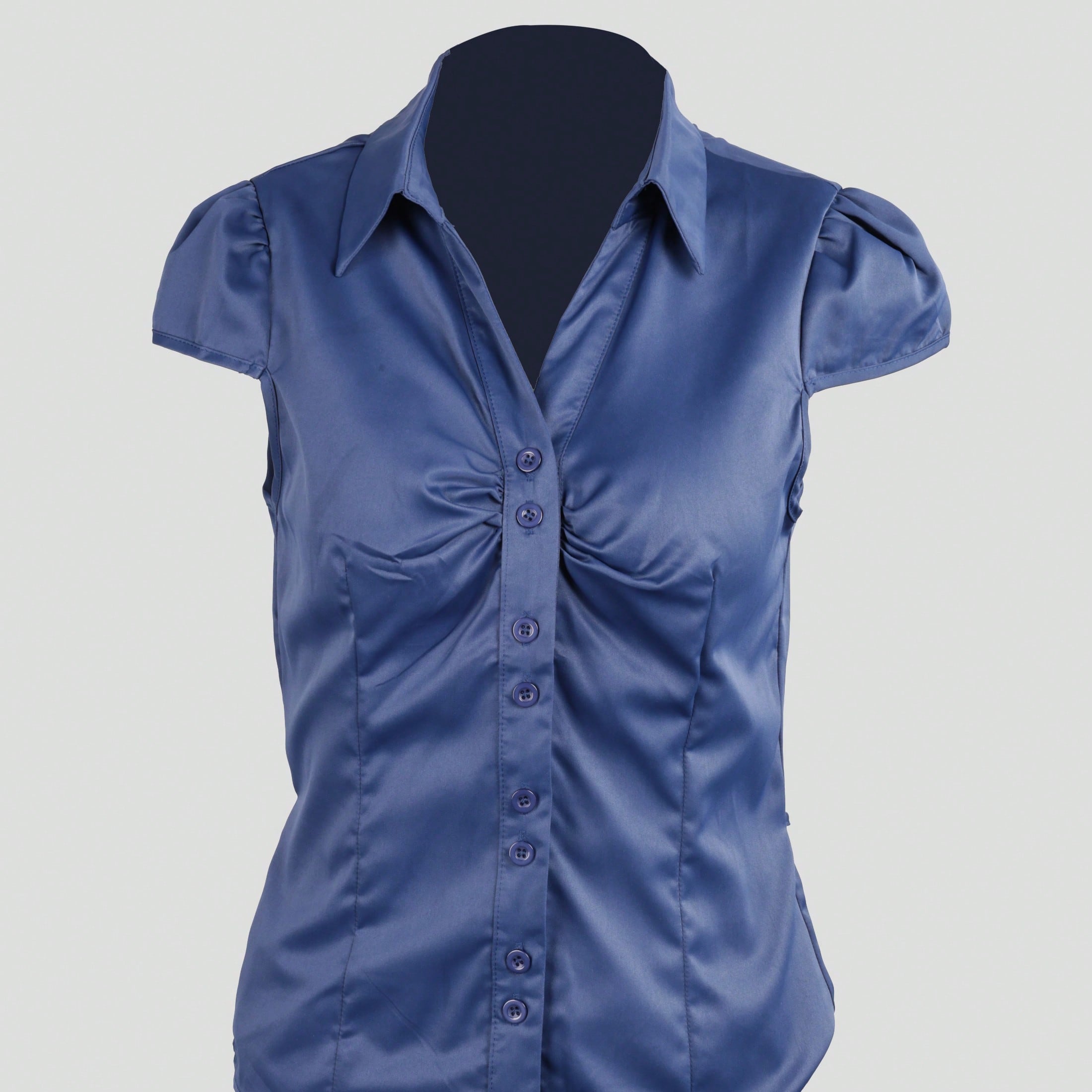 Women's Women Navy Blue Satin Short Sleeve Blouse with Pleated Detail