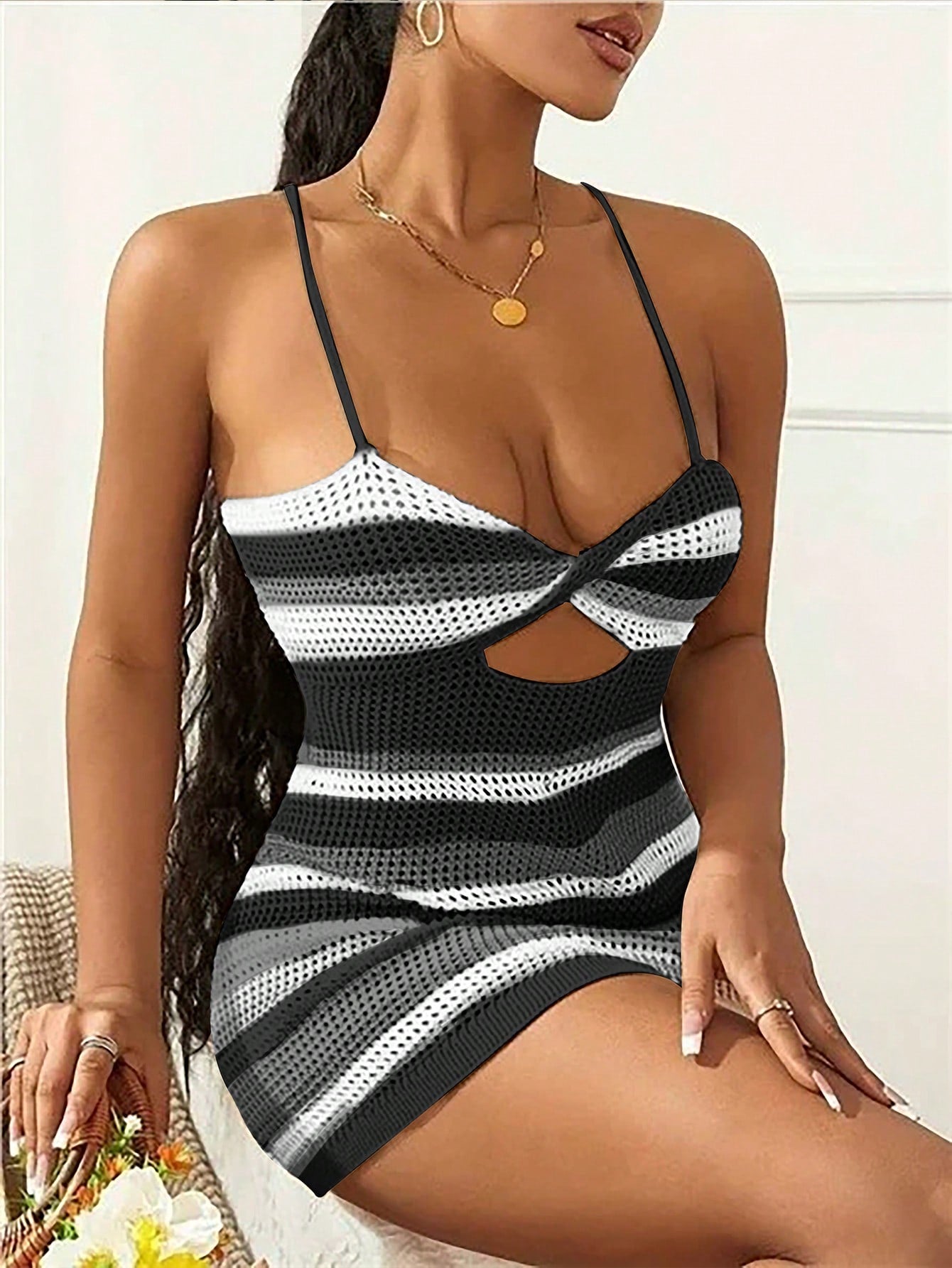Women's Black & White Striped Knitted Sweater Dress - Sleeveless Cutout Spaghetti Strap Mini Dress, Chic & Cozy Casual Wear