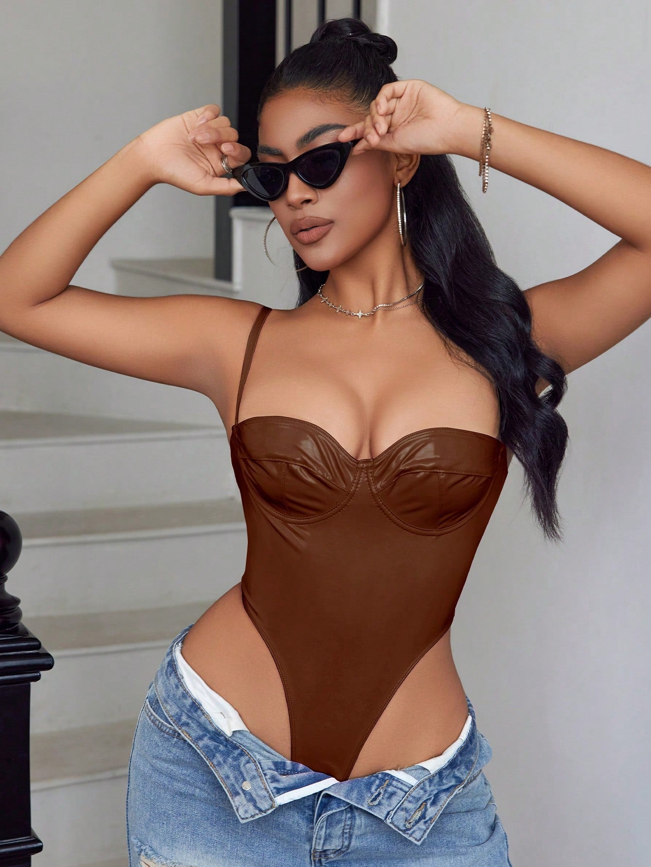 Women's Brown Satin Strappy Bodysuit - Chic Casual & Versatile Fashion Statement Piece