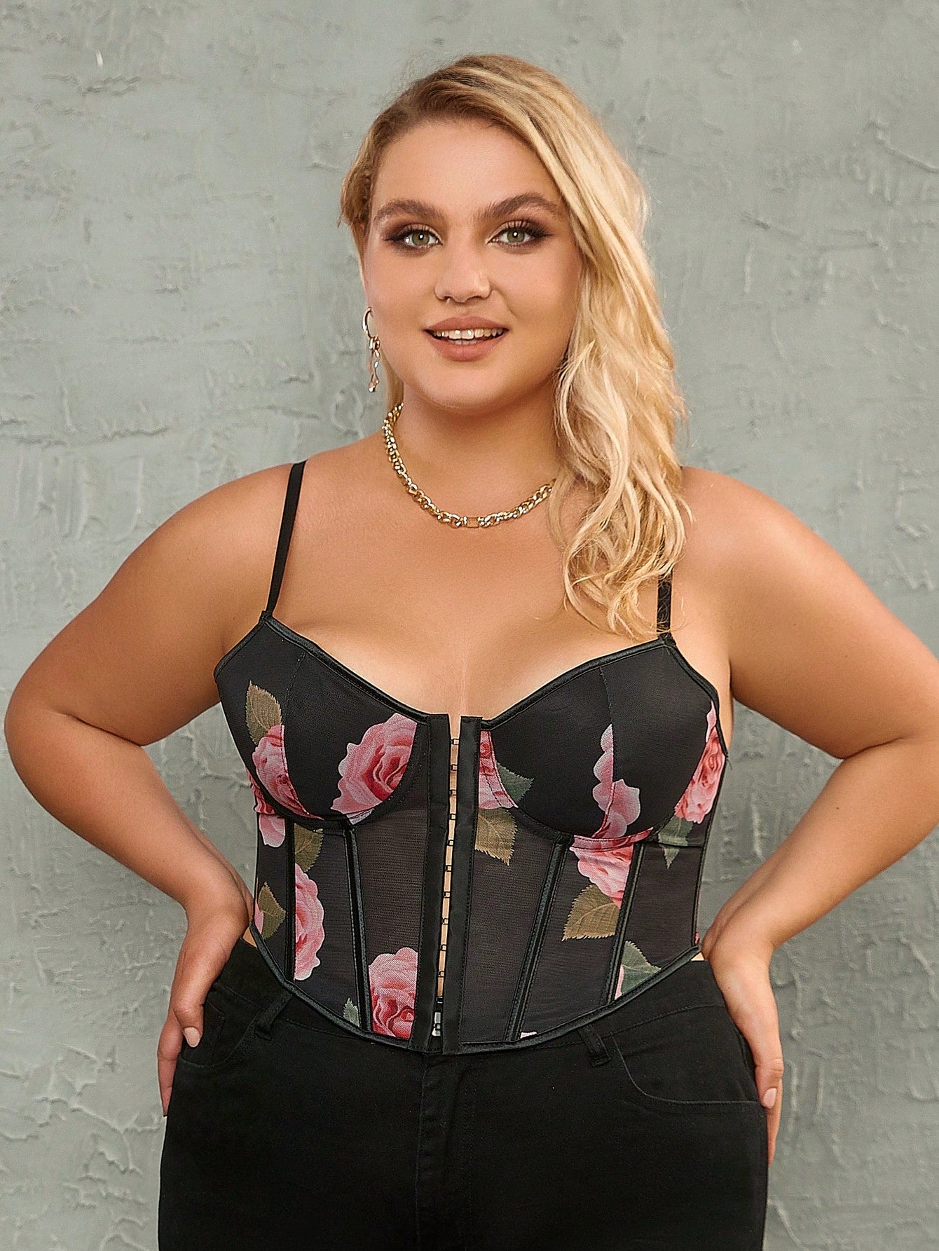 Women's Black Polyamide Blend Floral Print Corset Camisole Top with Hook-and-Eye