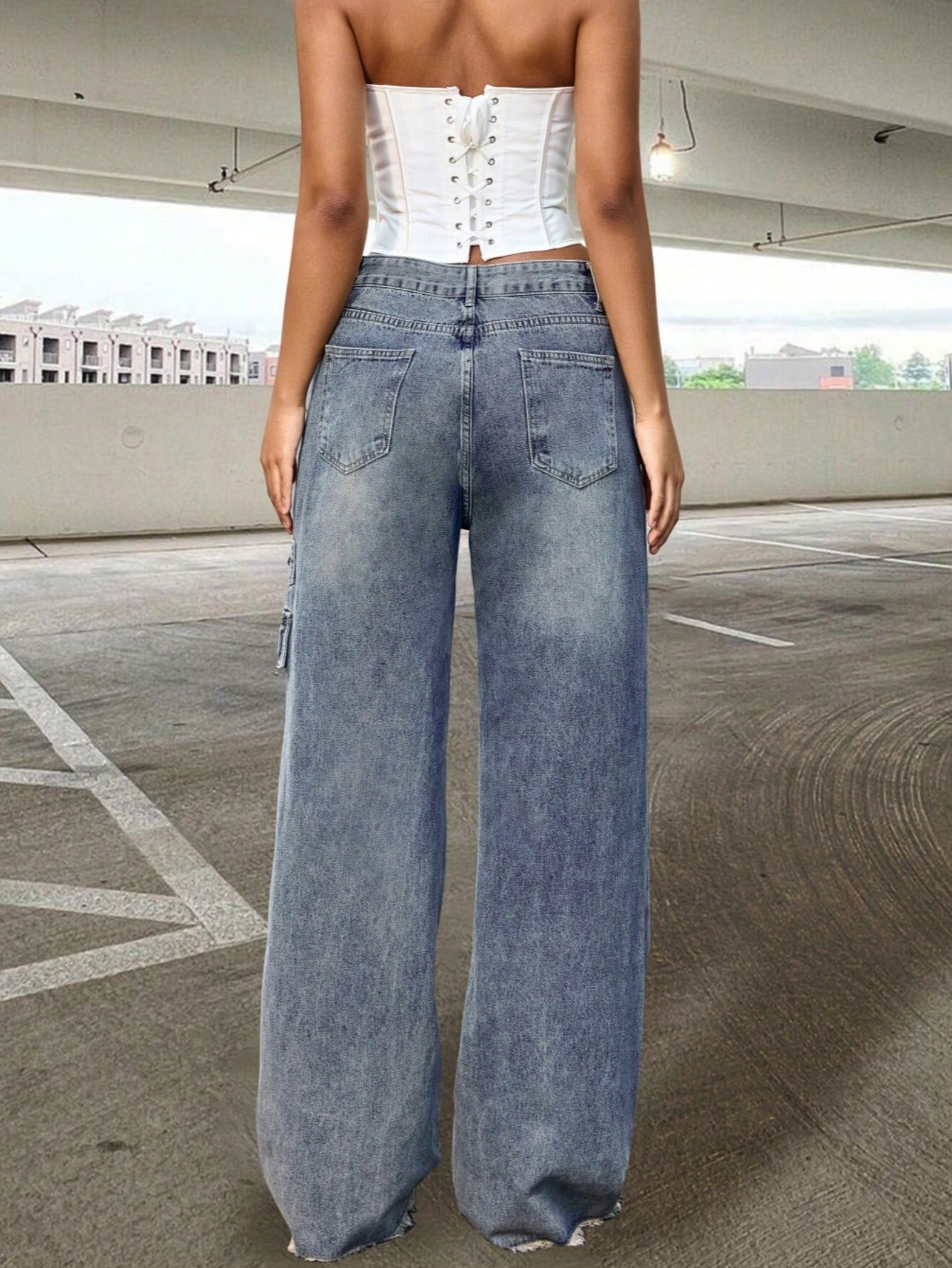 Women's Baggy Wide-Leg Blue Jeans - High-Waisted Casual Denim Pants