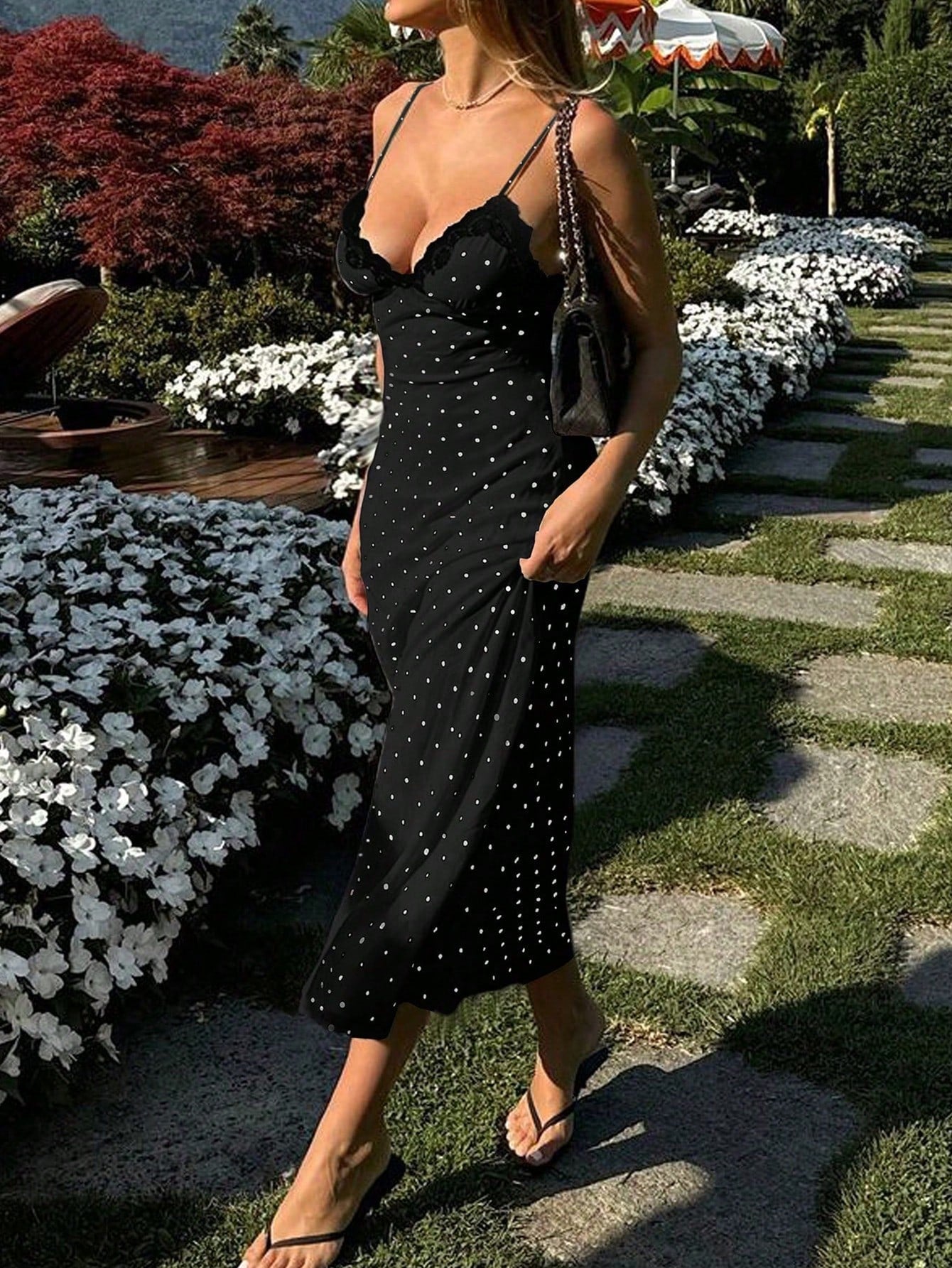 Women's Black Polka Dot Slip Maxi Dress with Lace Neckline