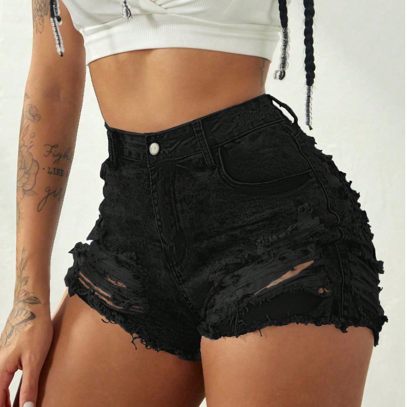 Women's Black Heavily Distressed High-Waist Denim Shorts