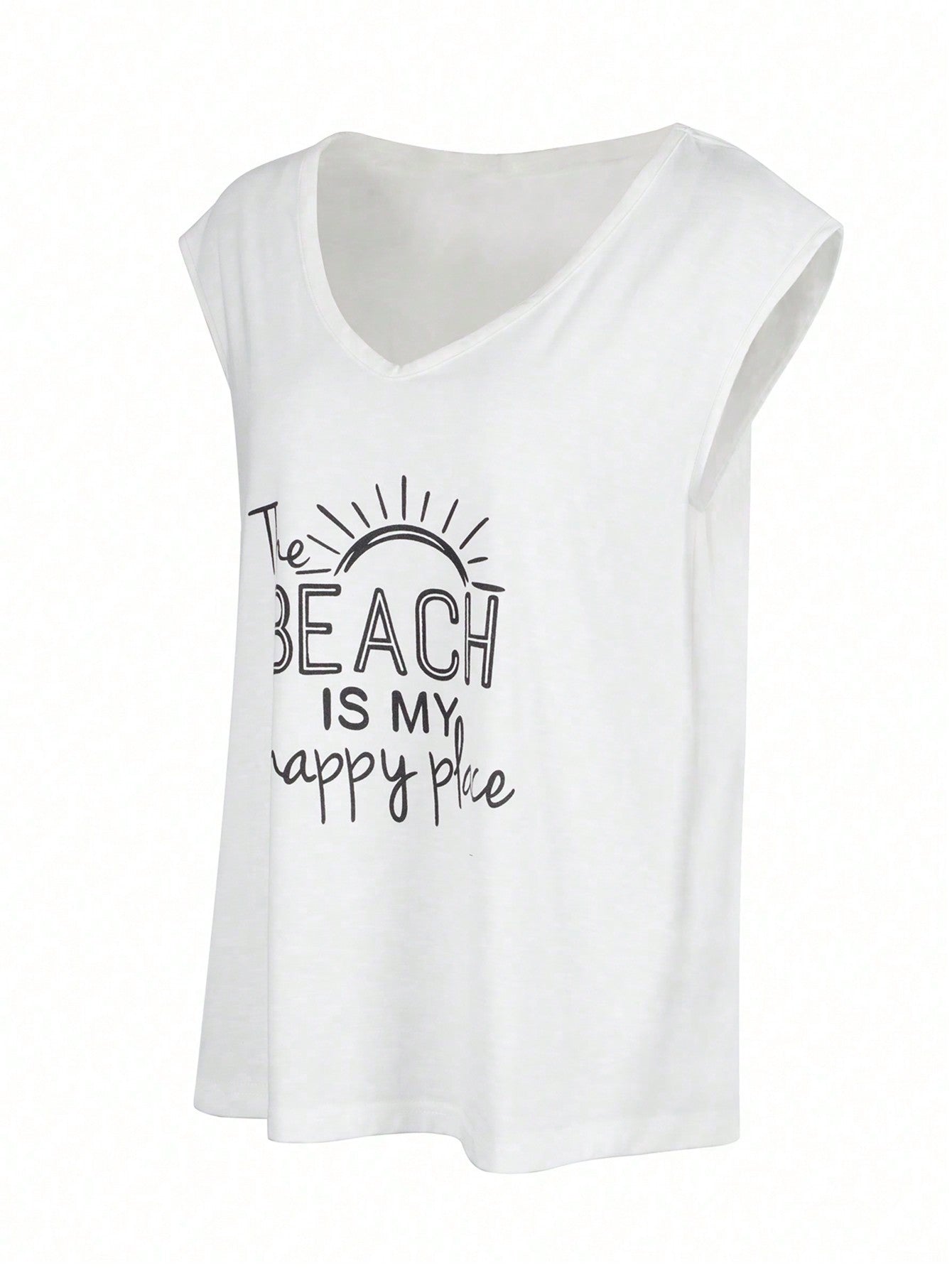 Women's "The Beach is My Happy Place" Graphic V-Neck T-Shirt/Vest - Casual Summer & Vacation Tee