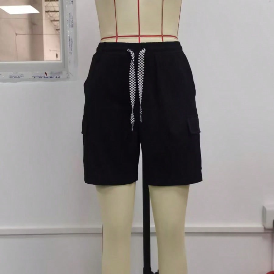 Women's Black Checkered Drawstring Cargo Shorts with Side Pockets