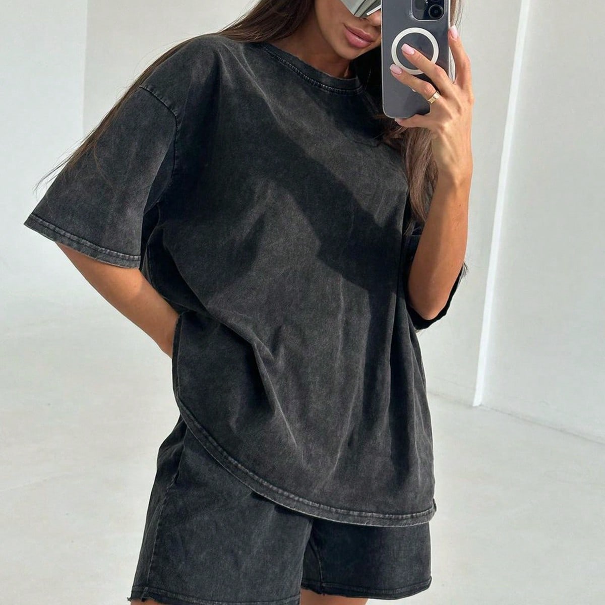 Women's Washed Black Viscose Oversized Crew Neck T-Shirt with Vintage Finish