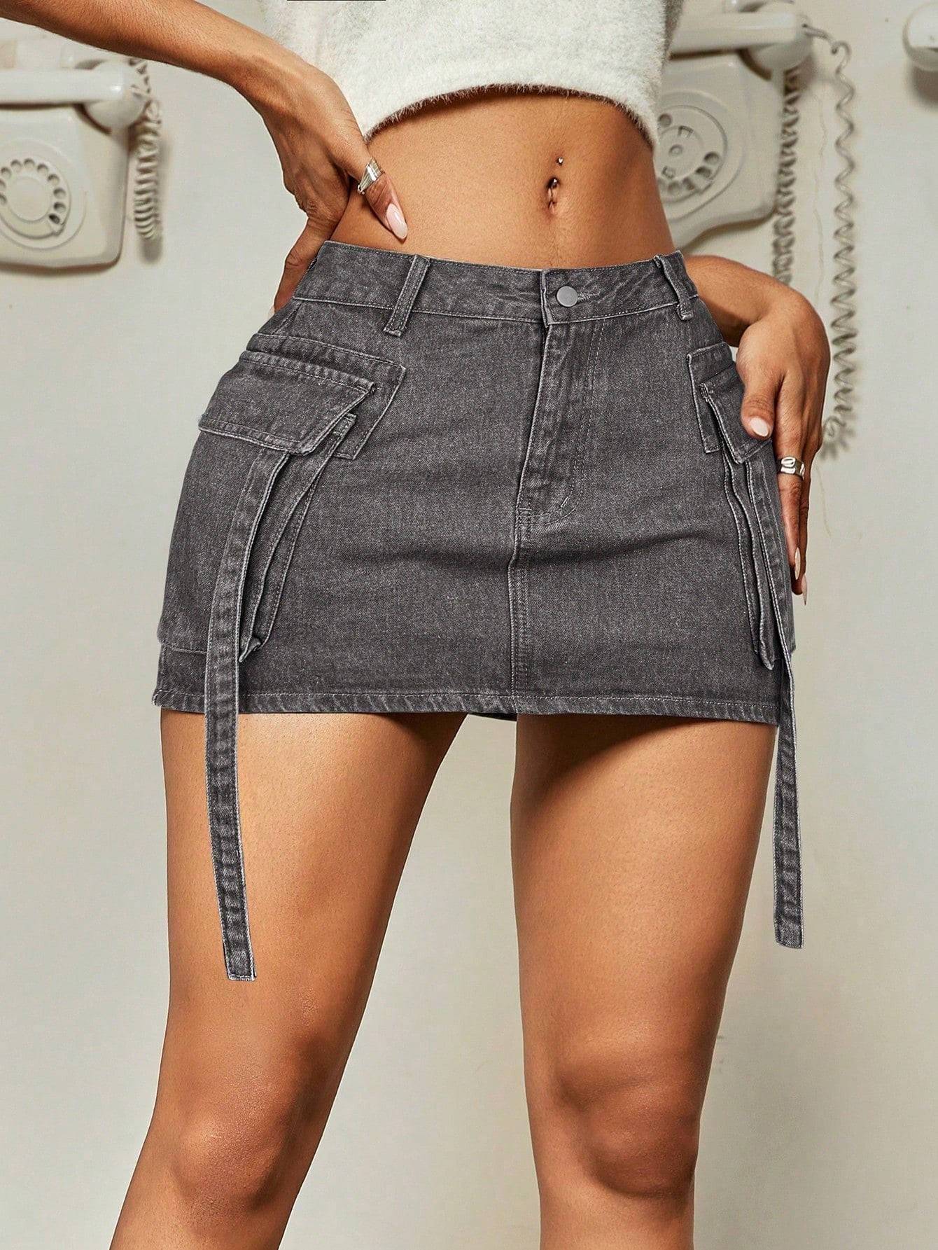 Women's Apperloth Grey Denim Mini Skirt Sexy Cargo Style Short Skirt with Straps