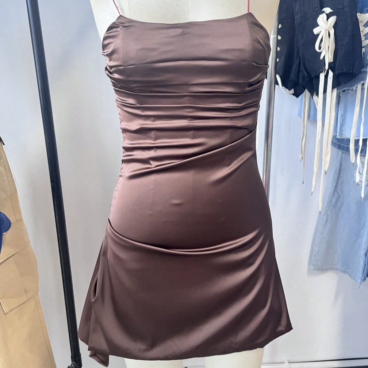 Women's Modern Dark Coffee Satin Ruched Mini Dress with Cami Straps