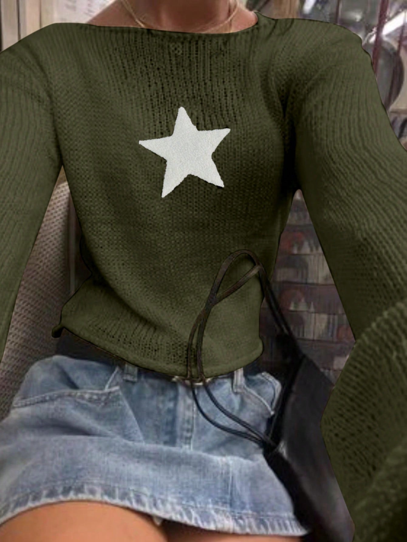Women's Olive Green Knitted Sweater with White Star Detail, Casual Chic Cropped Pullover
