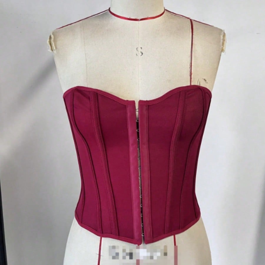 Women's Burgundy Check Plaid Strapless Corset Bustier