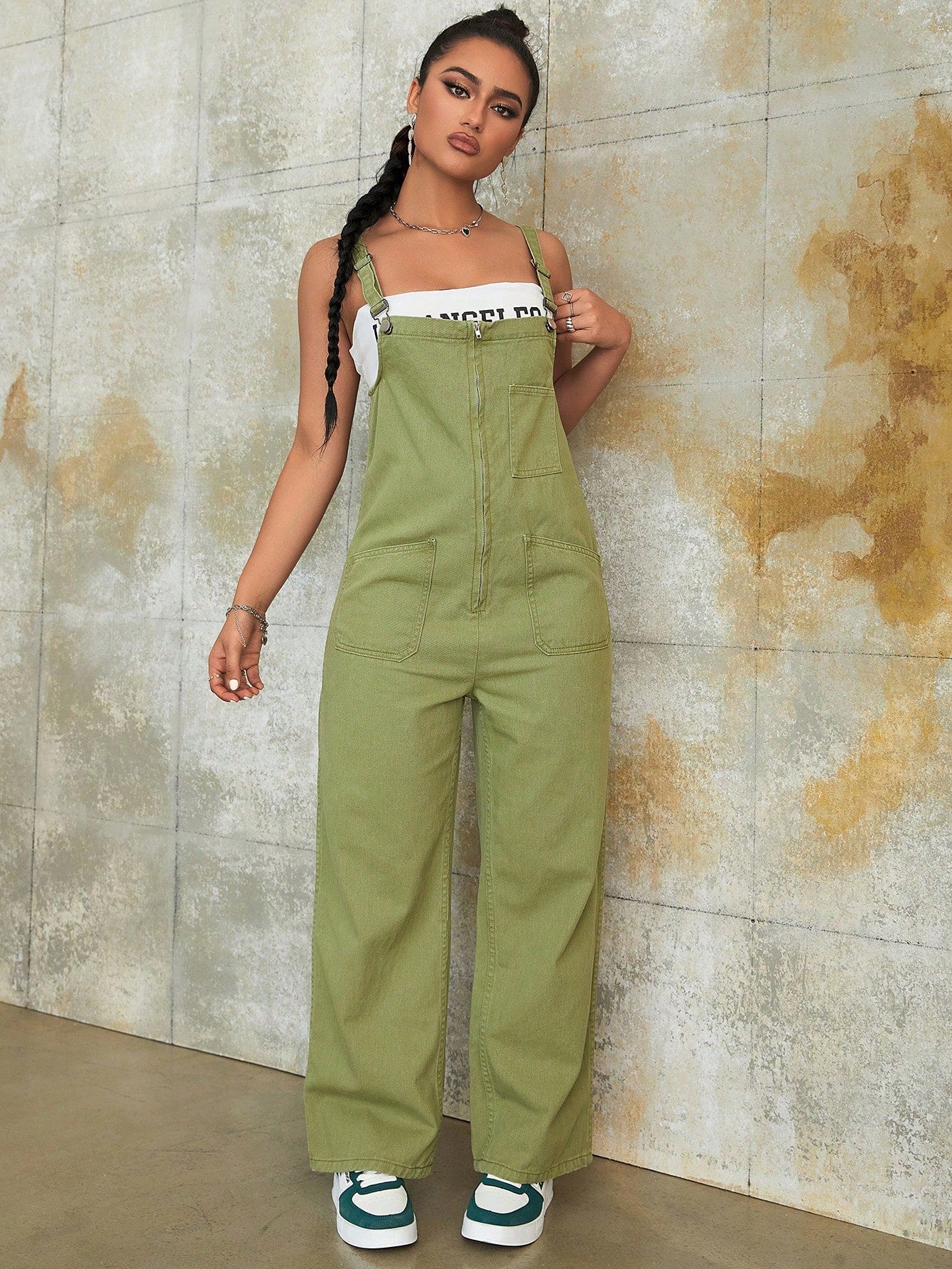 Women's Apperloth Army Green 100% Cotton Cargo Overalls Women Casual Loose Fit Jumpsuit