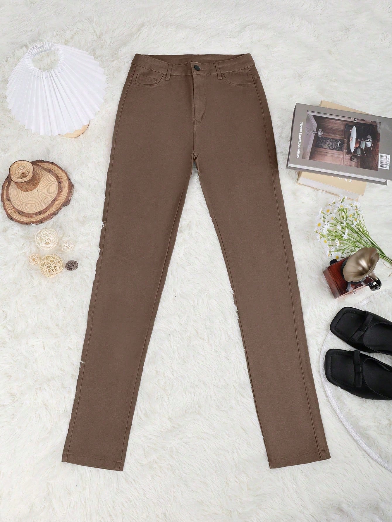 Women's Khaki Brown High-Waisted Skinny Faux Leather Pants