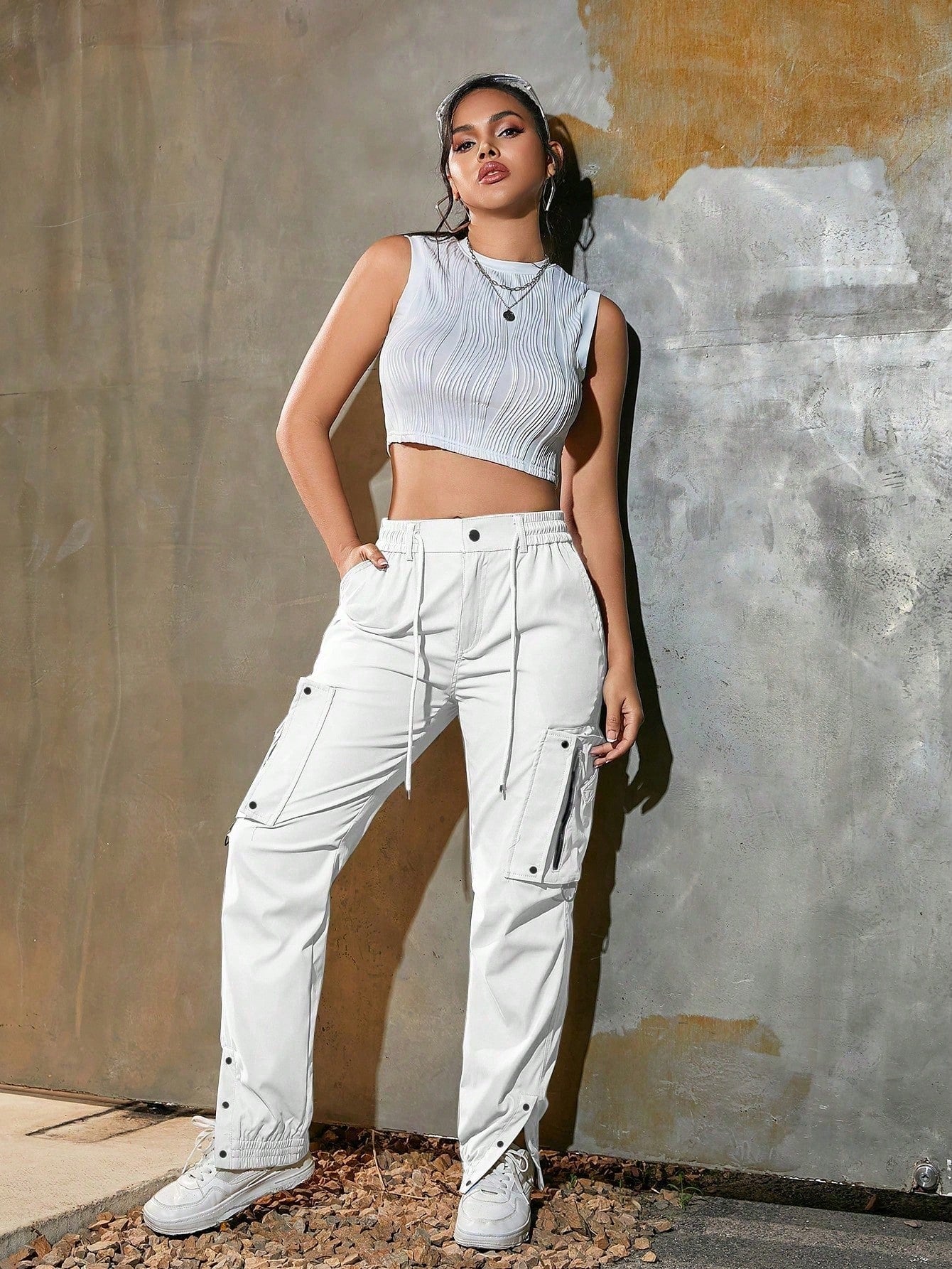 Women's White High Waist Cargo Pants Multi-Pocket Zip Detail Joggers Wholesale