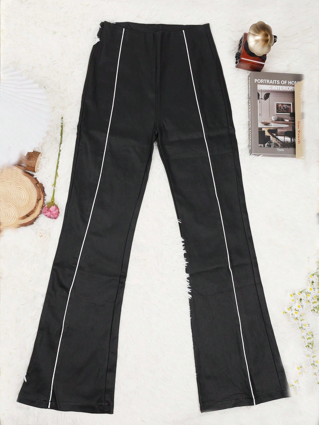 Women's Plus Size Women's Black High Waist Flared PU Leather Pants with White Piping