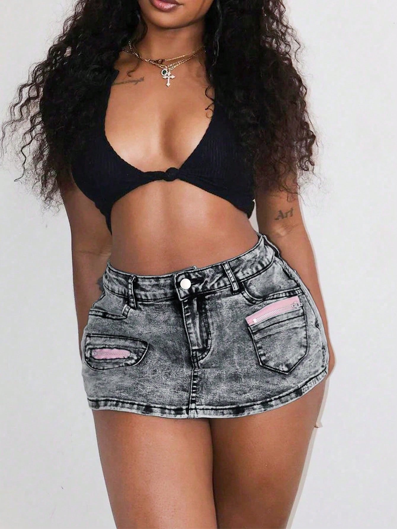Women's Acid Wash Denim Mini Skort Distressed High Waist Skort