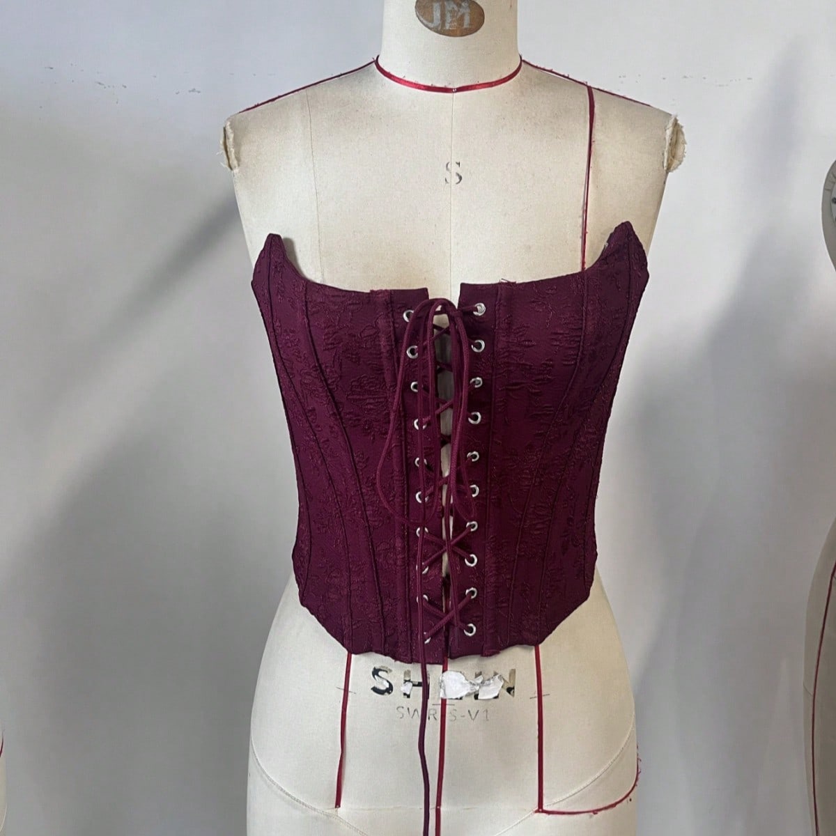 Women's Burgundy Floral Jacquard Lace-Up Corset Bustier