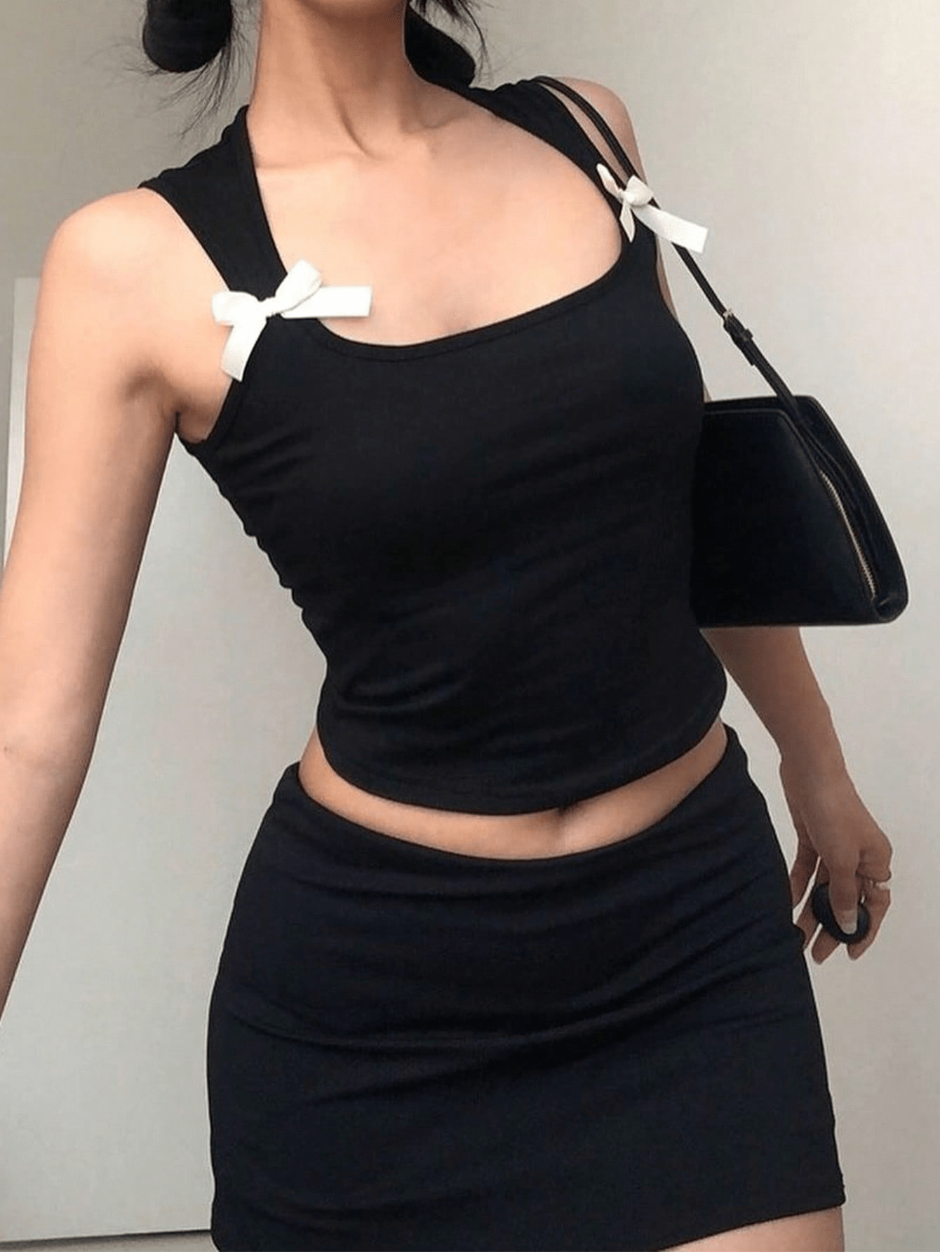 Women's Black Square Neck Two Piece Set - Crop Top and Mini Skirt