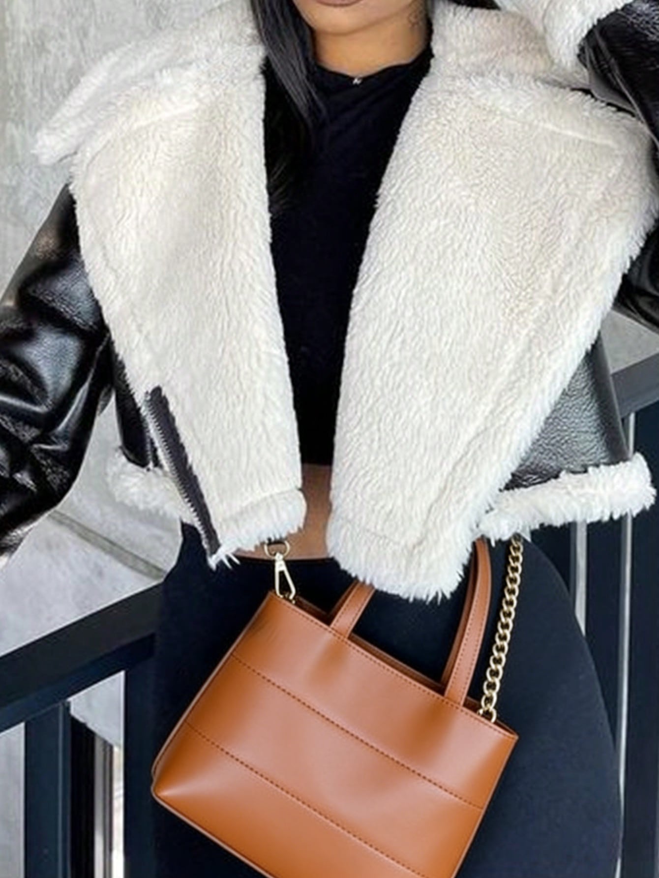 Women's Black PU Leather Cropped Jacket with Faux Fur Trim Winter Biker Coat