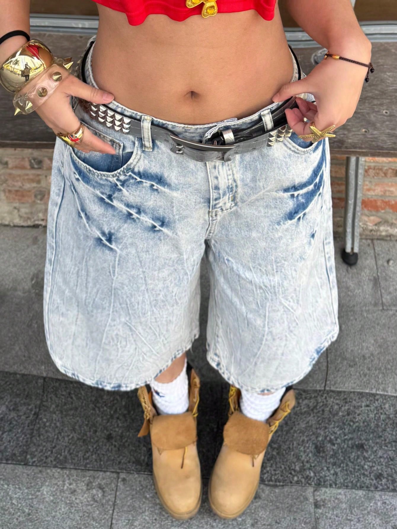 Women's Acid Wash Denim Full-length jeans with distressed