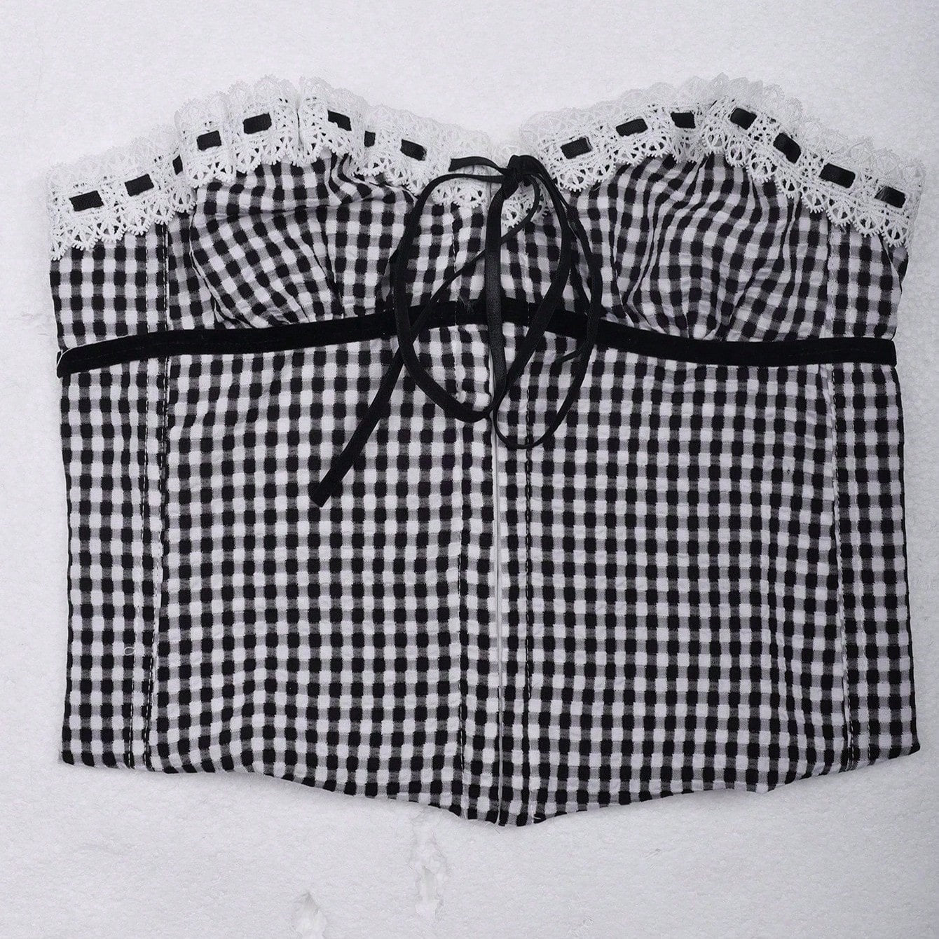 Women's Classic Black and White Gingham Corset Top with Lace Trim