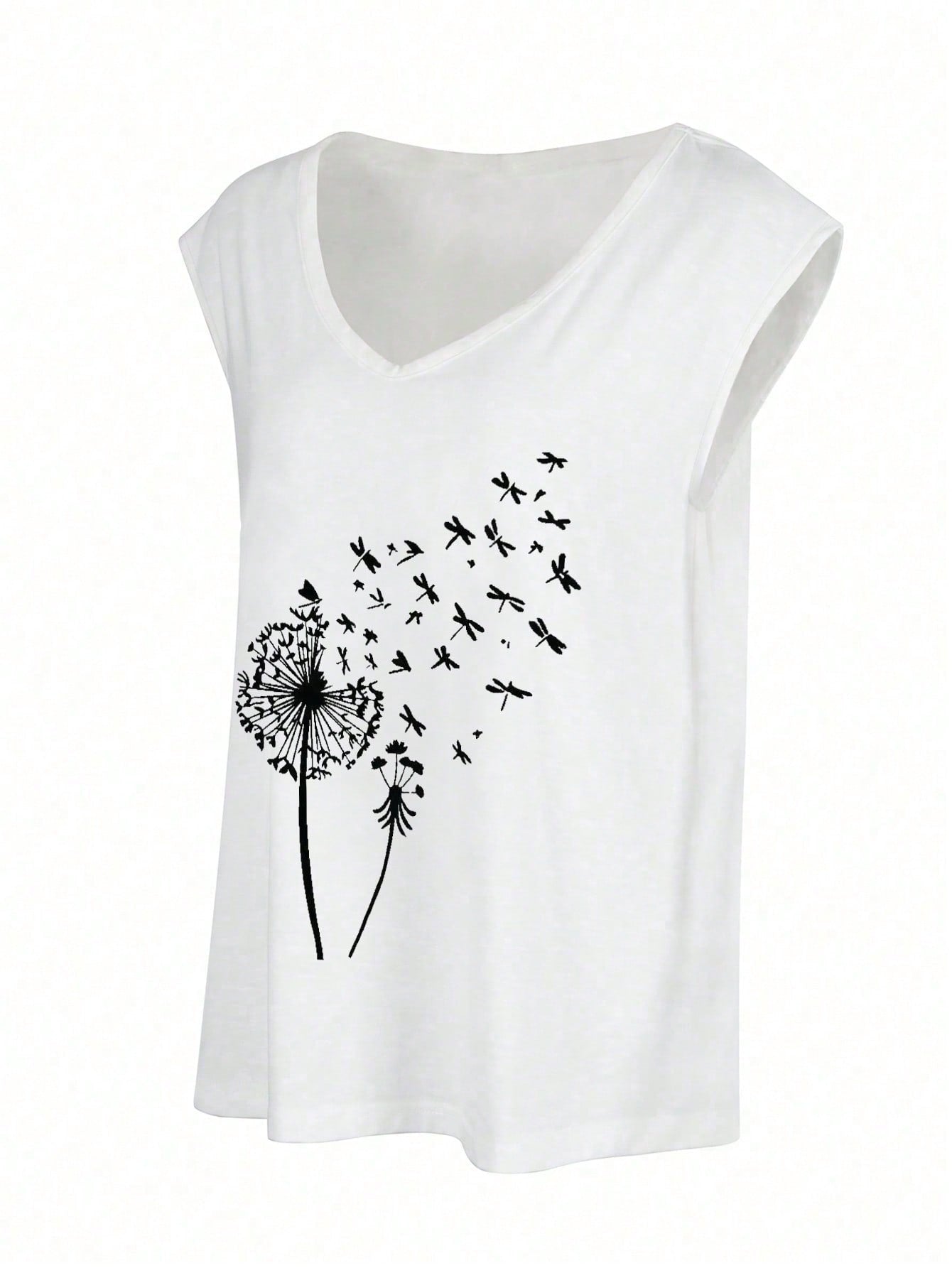 Women's White Dandelion Graphic Tank Top - Sleeveless Casual V-Neck Tee