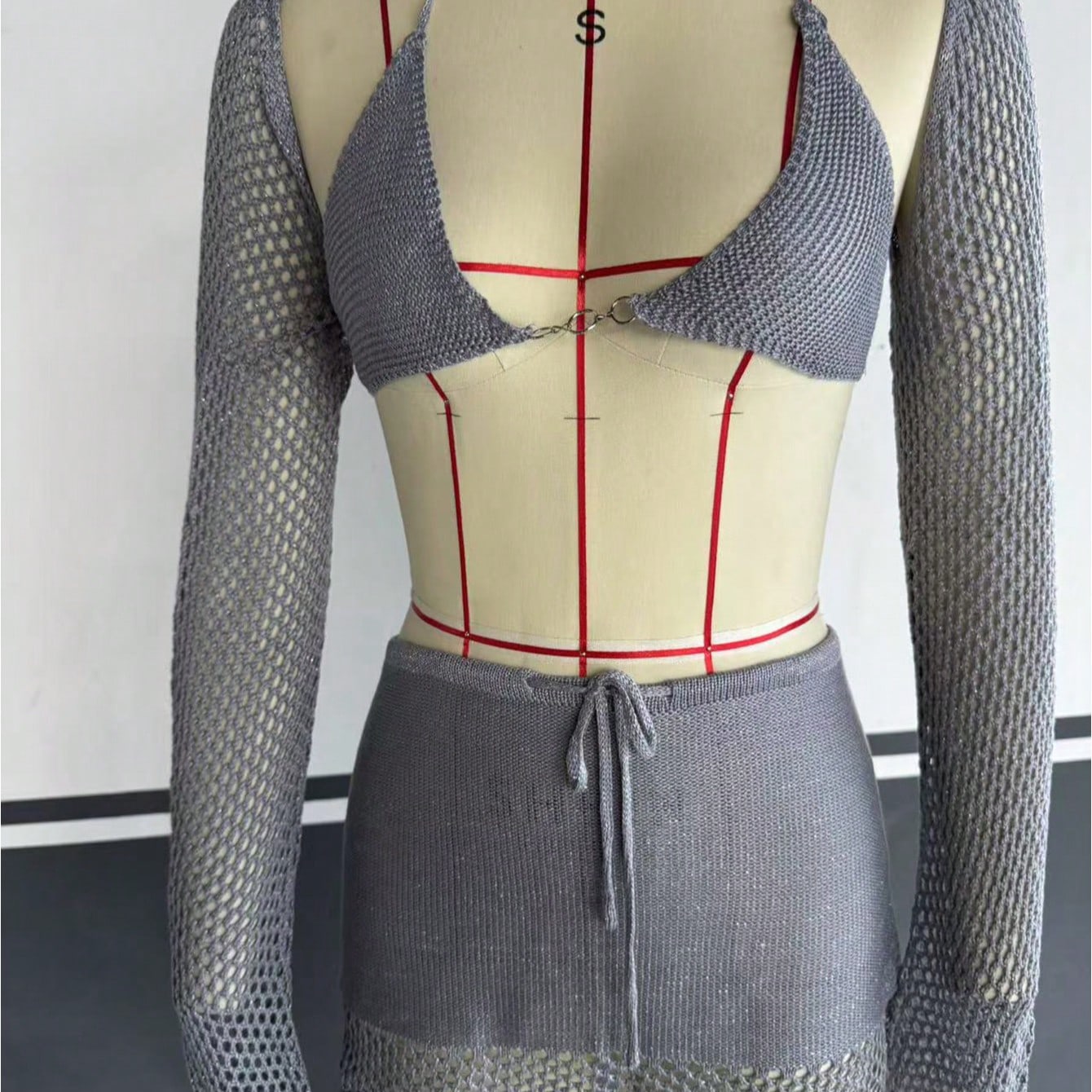 Women's Gray Knit Two-Piece Set with Crop Top and Mini Skirt