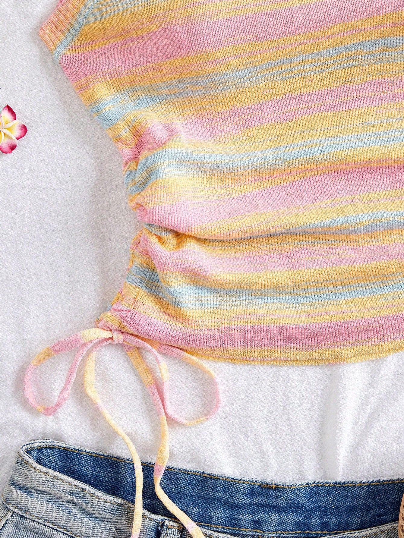 Women's Multi-Color Striped Knit Sleeveless Tank Top with Side Drawstring