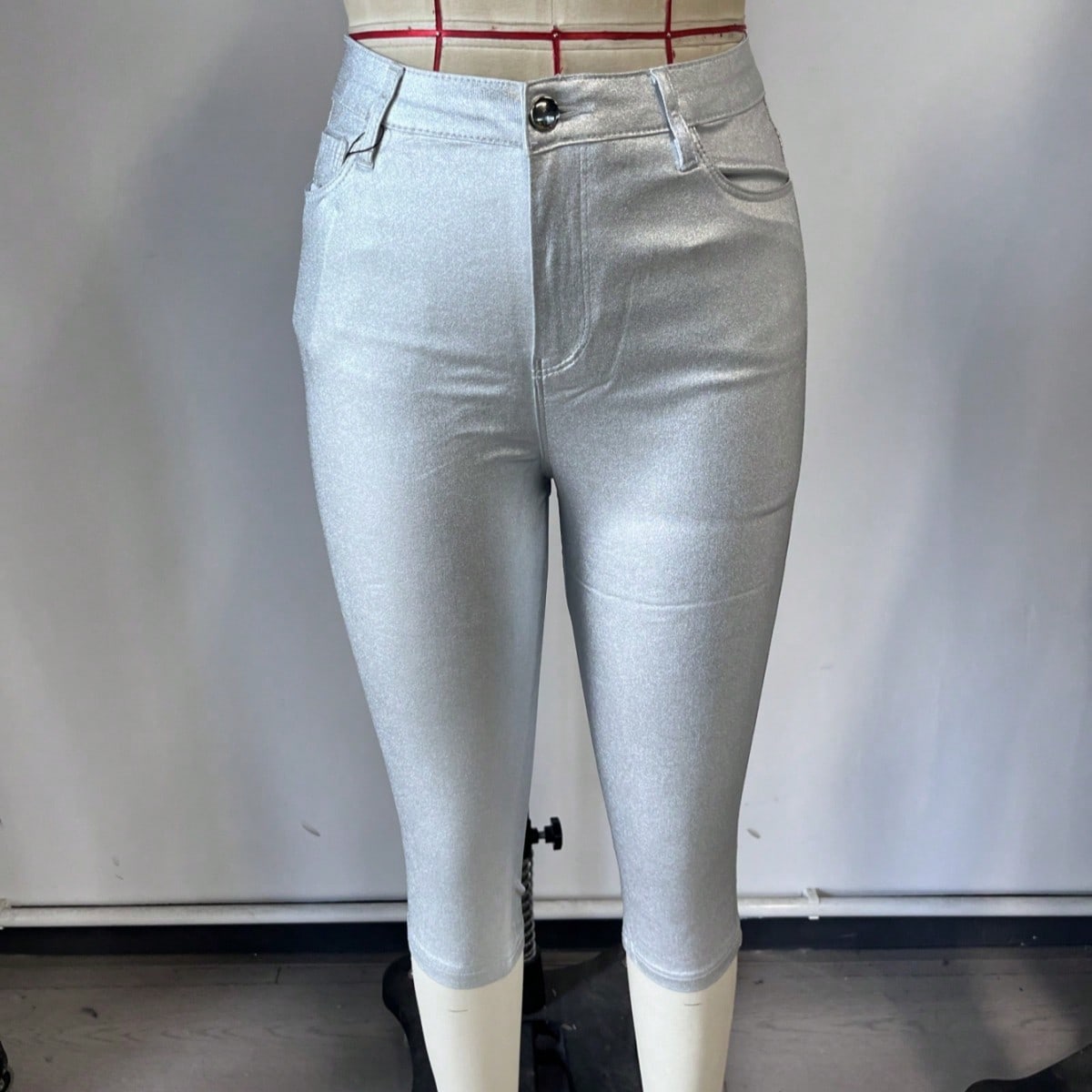 Women's Silver Polyester Full-length pants with wide-leg