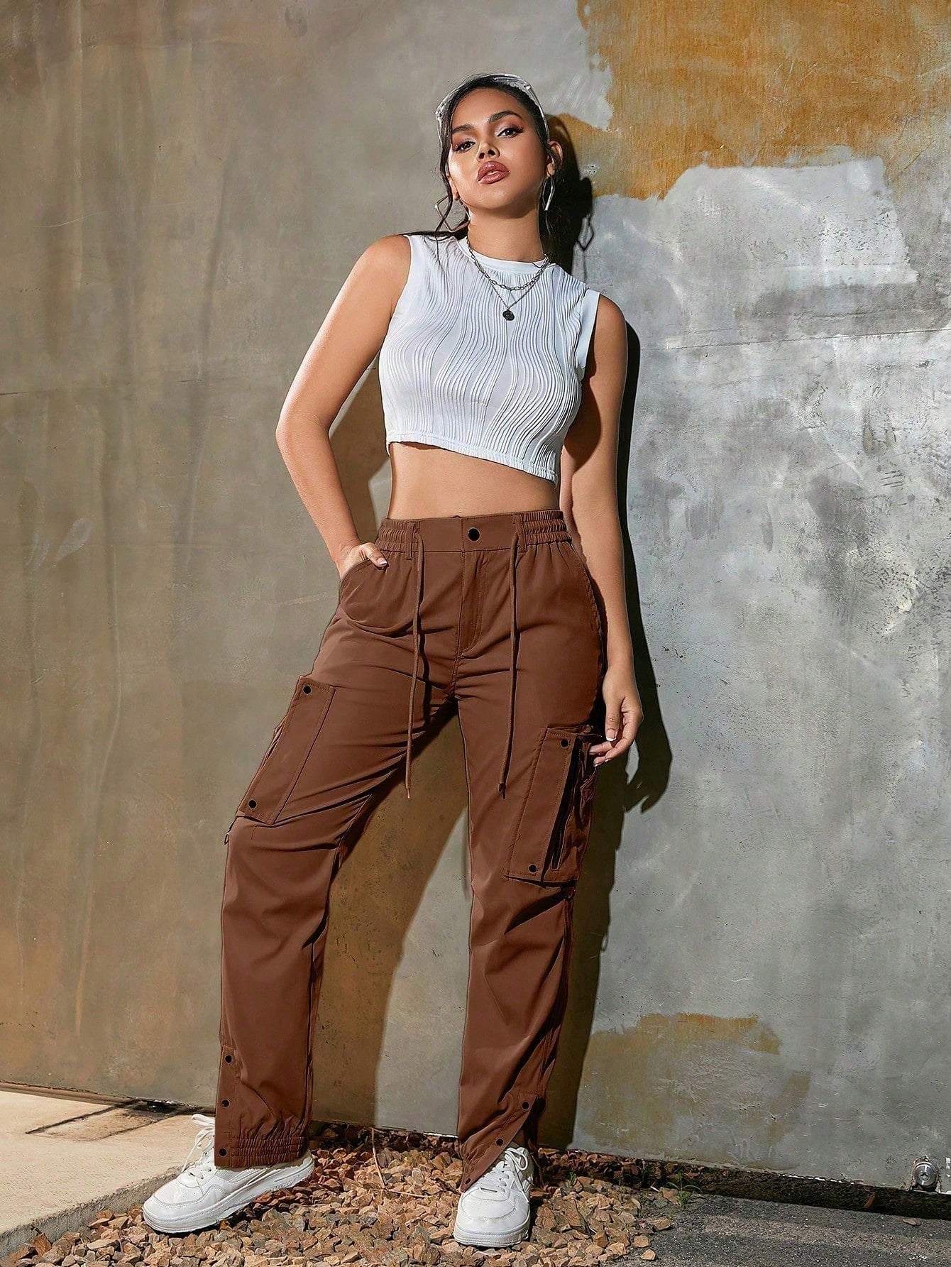 Women's Brown Cargo Jogger Pants with Drawstring