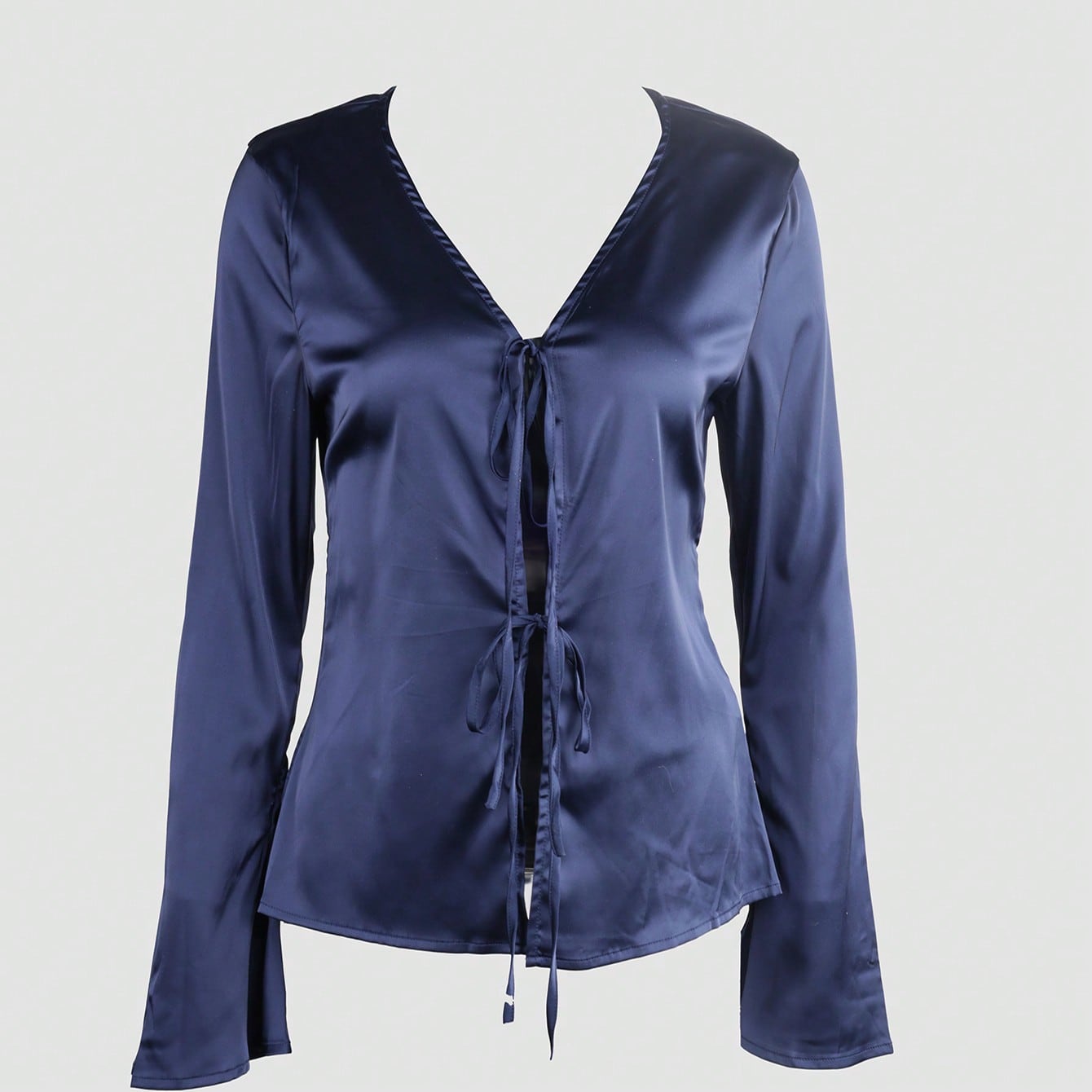 Women's Navy Blue Satin Tie-Front V-Neck Top with Long Sleeves