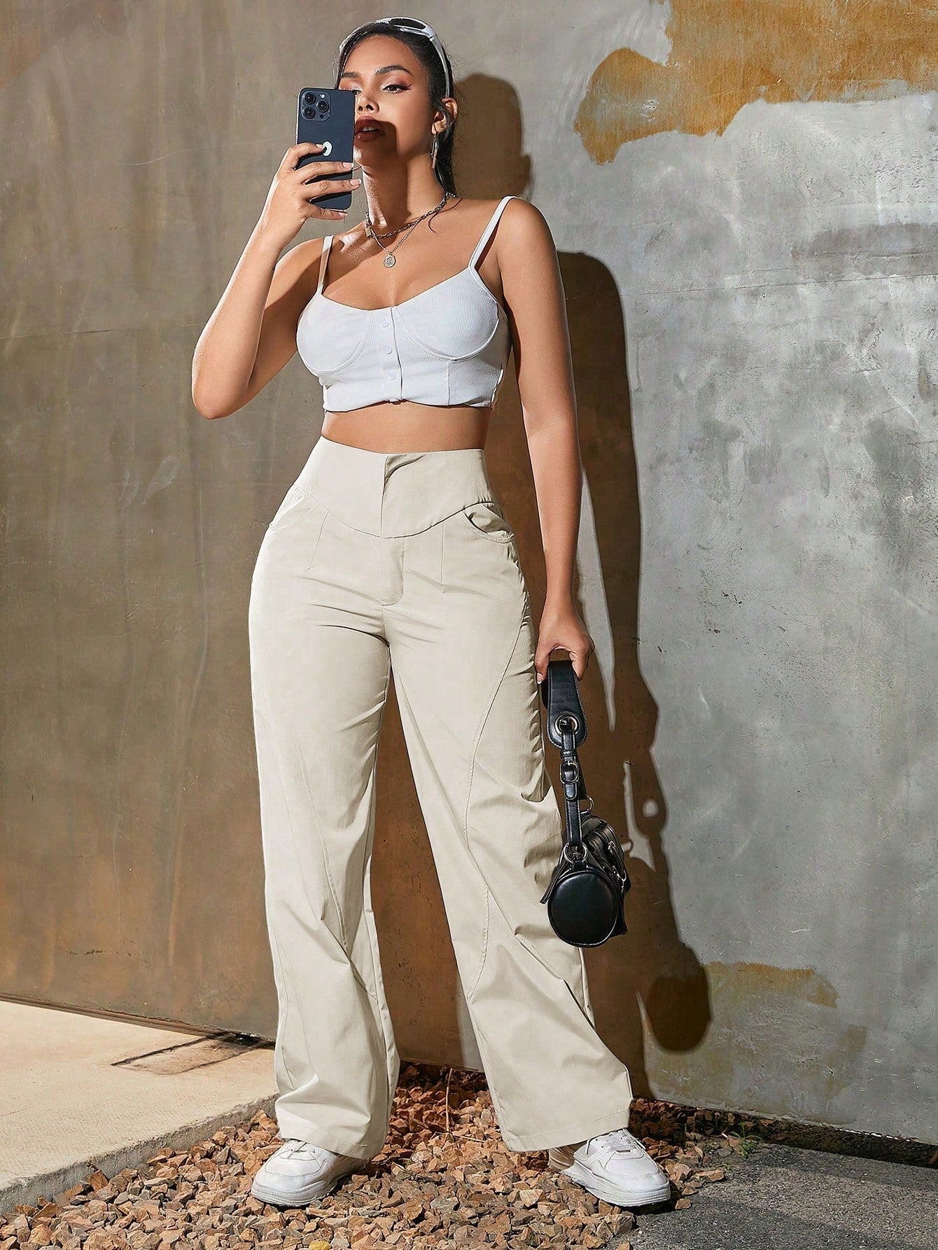Women's High Waist Wide Leg Trousers Beige Loose Fit Casual Office Wear