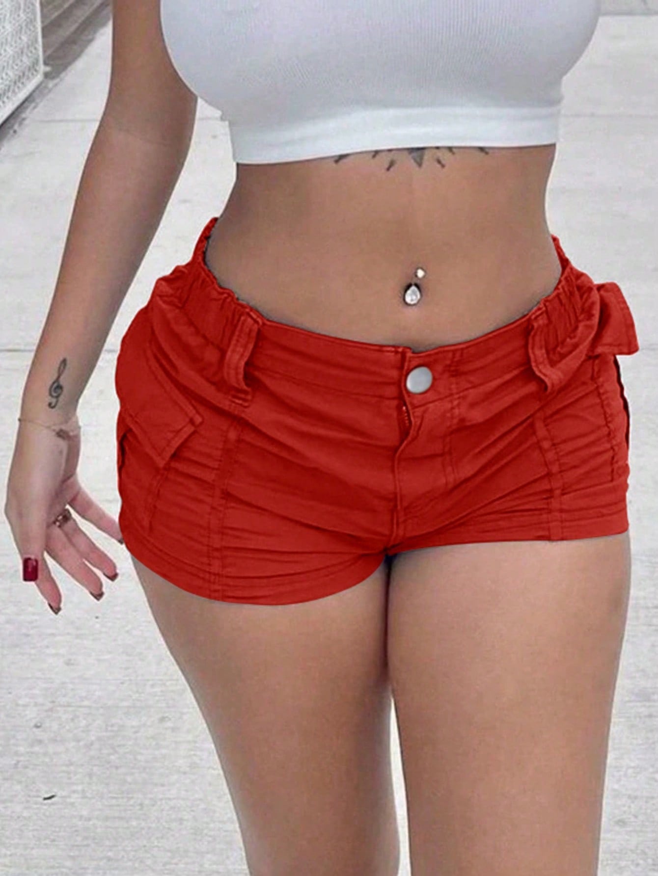 Women's Red High-Waisted Cargo Shorts - Flap Pocket Low-Rise Mini Shorts, Y2K Streetwear & Casual Wear