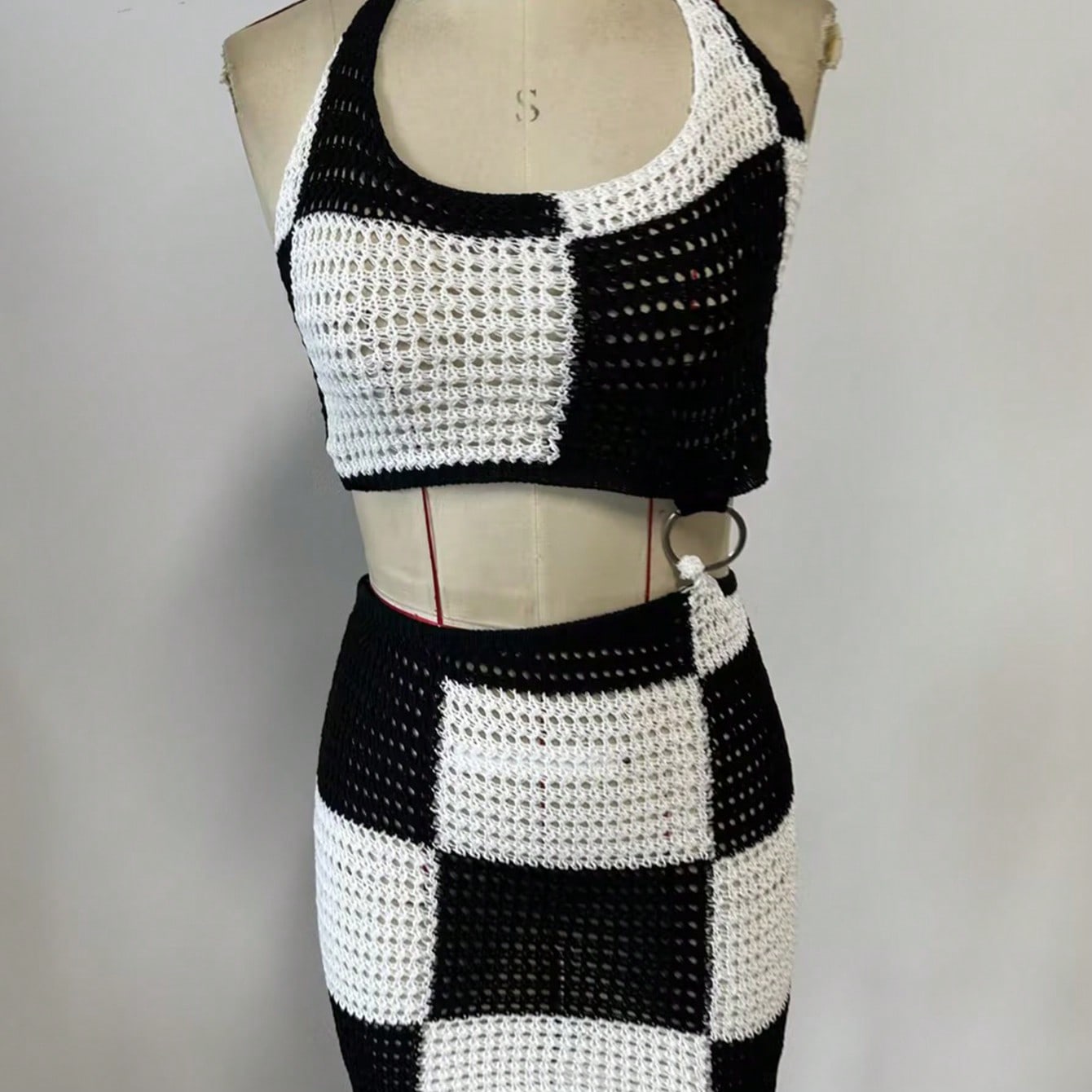 Women's Black White Knit Two-Piece Set with Crop Top and Mini Skirt