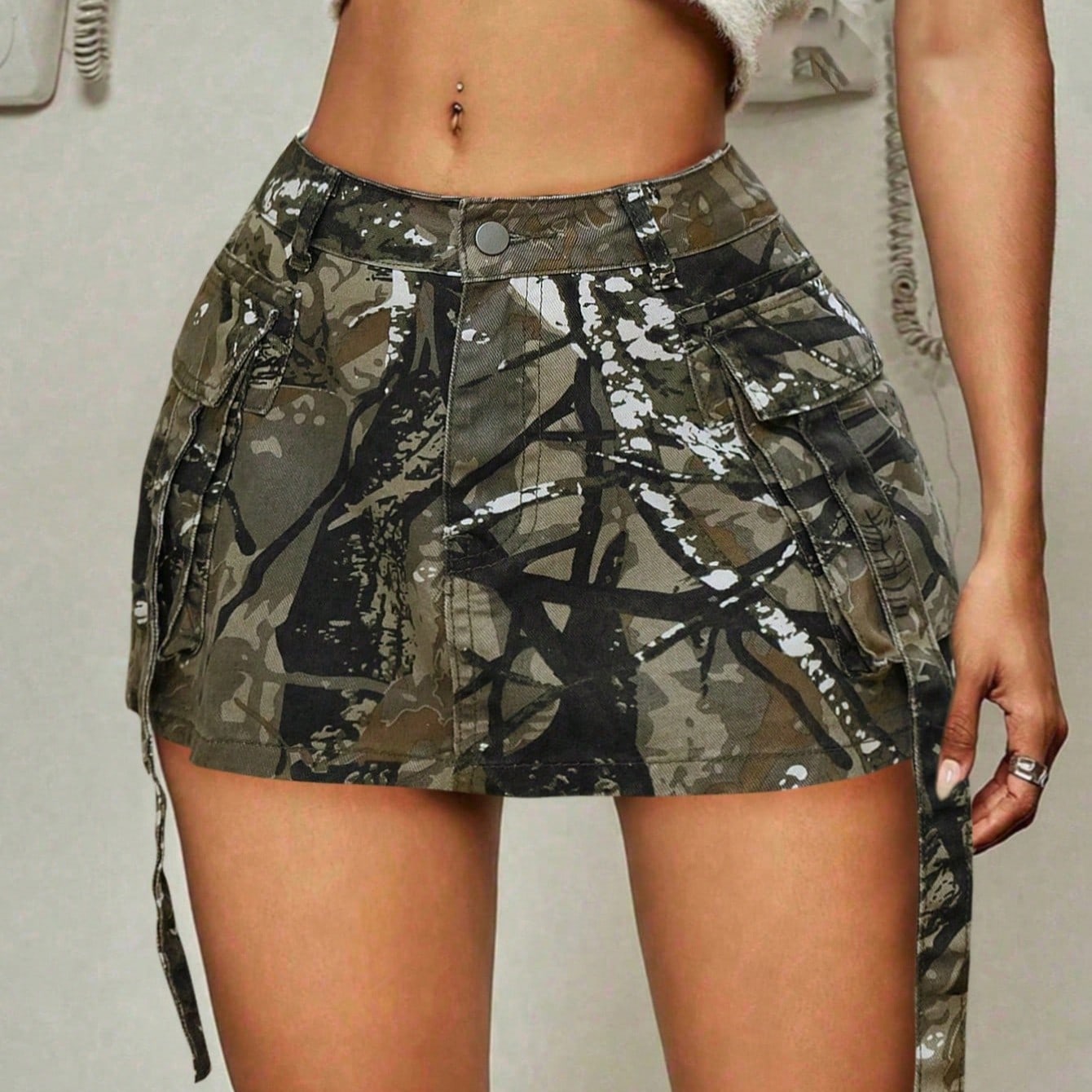 Women's Camo Branch Print Denim Mini Cargo Skirt with Tie Detail