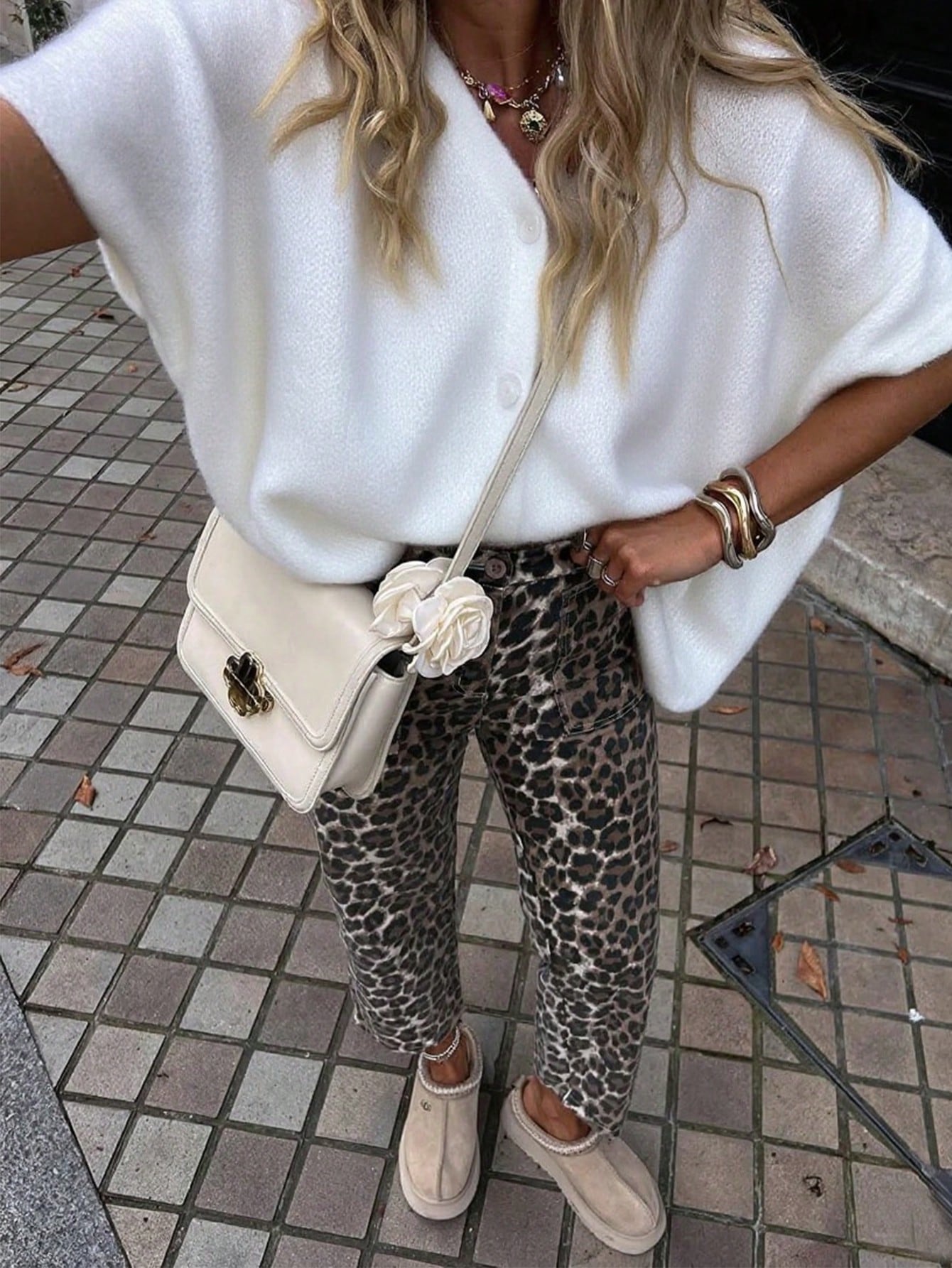 Women's Oversized White Knit Cardigan with Batwing Sleeves