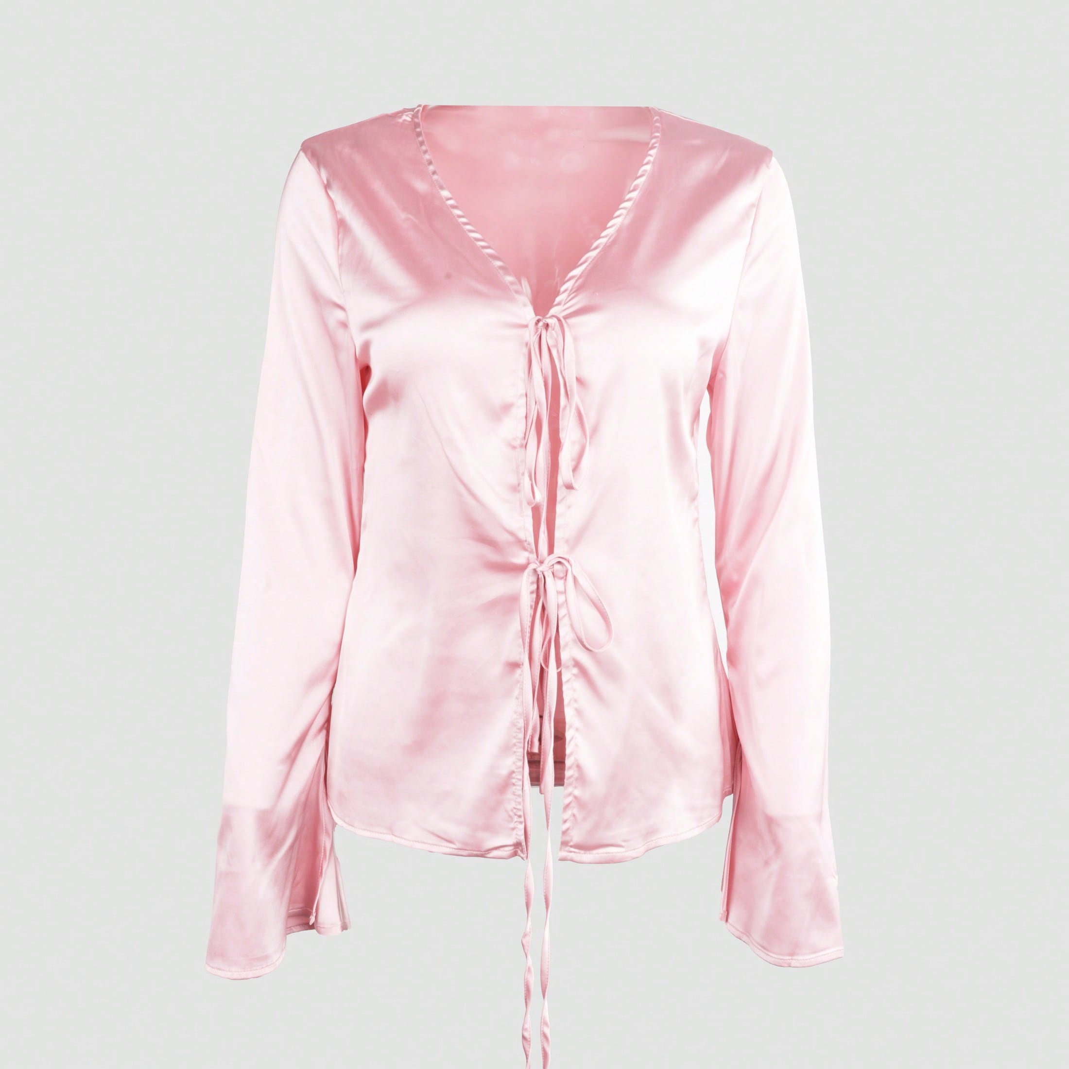 Women's Pink Satin Tie-Front Long Sleeve Top with V-Neck