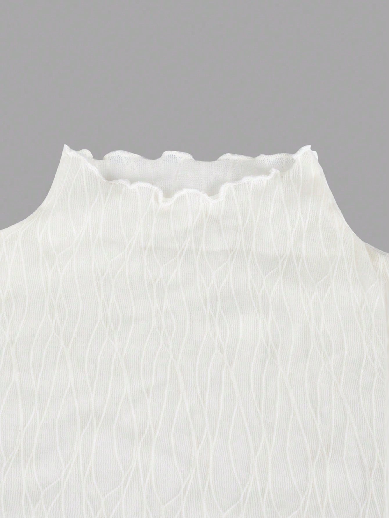 Women's Women White Sheer Mesh Long Sleeve Top Wavy Pattern Lettuce Edge