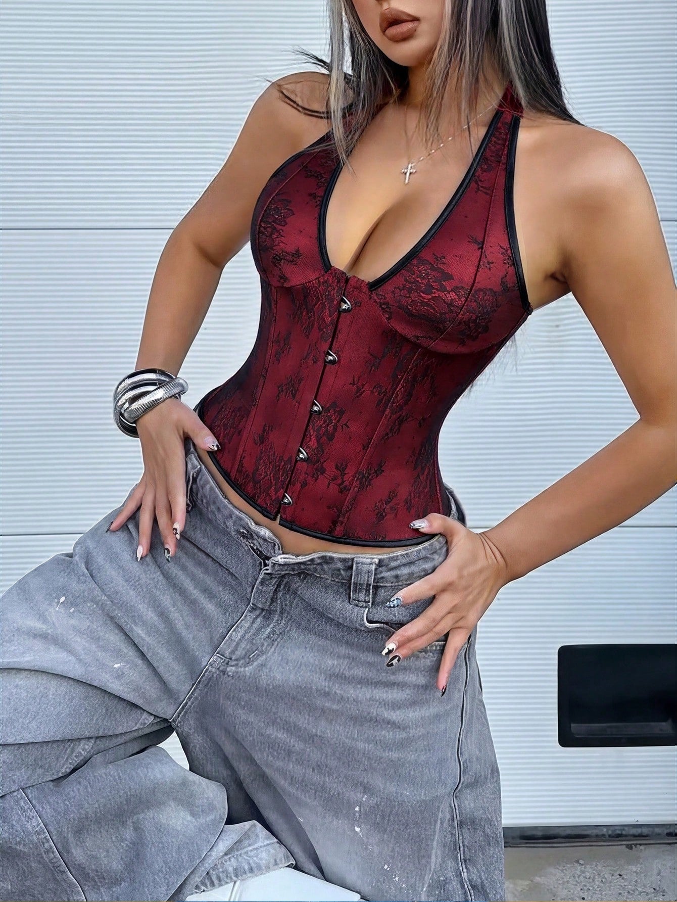 Women's Deep Red Lace Corset Top