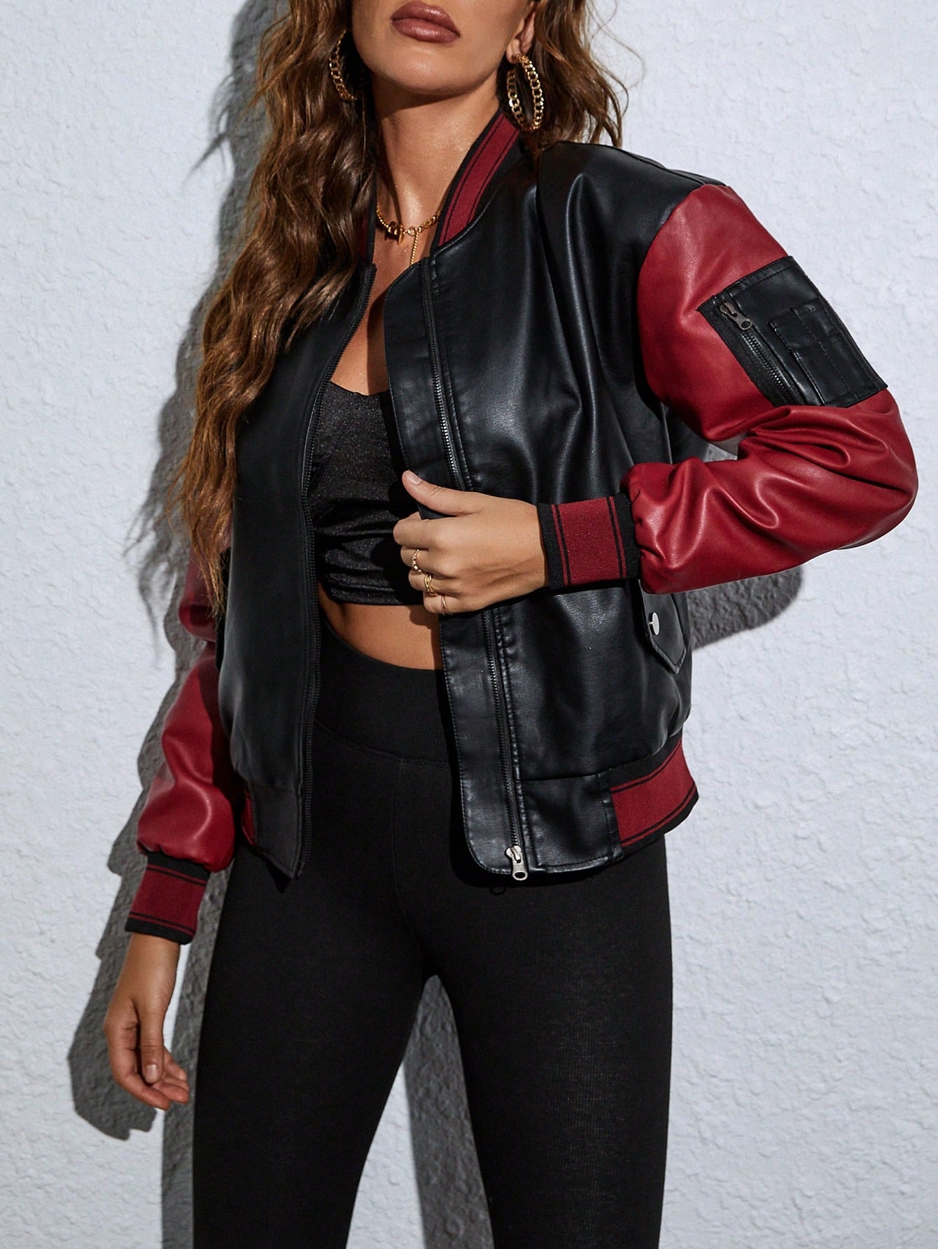 Women's Black & Red Color-Block Bomber Jacket - Edgy Casual & Streetwear Statement Outerwear