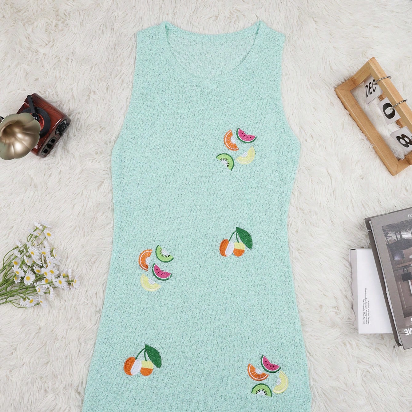 Women's Cyan Fruit Pattern Embroidered Novelty Knit Mini Dress